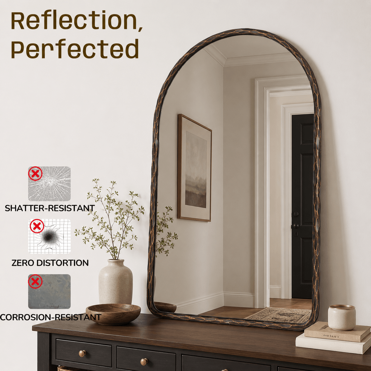Antique Hand-Forged Iron Framed Arched Wrought Iron Bathroom Wall Mirror