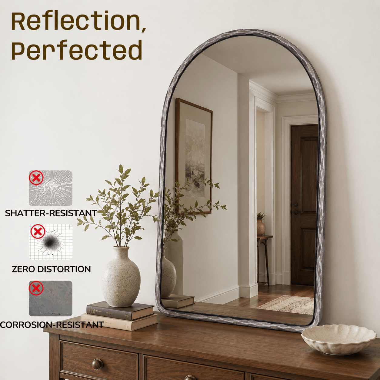 Antique Hand-Forged Iron Framed Arched Wrought Iron Bathroom Wall Mirror