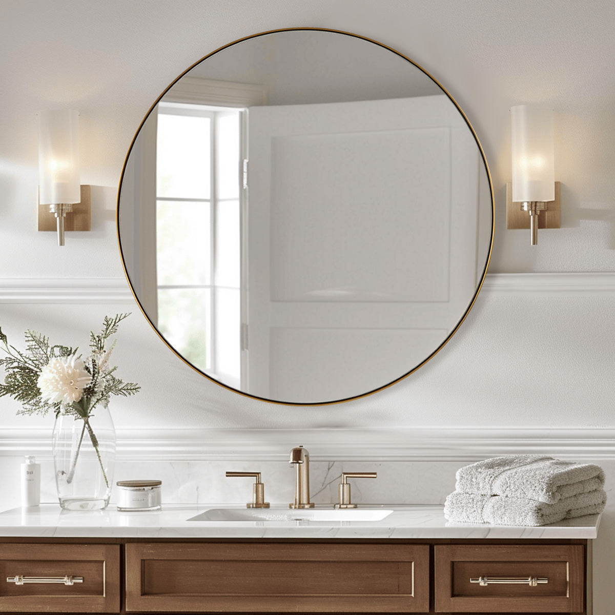 Contemporary Round Mirror for Bathroom | Stainless Steel Frame