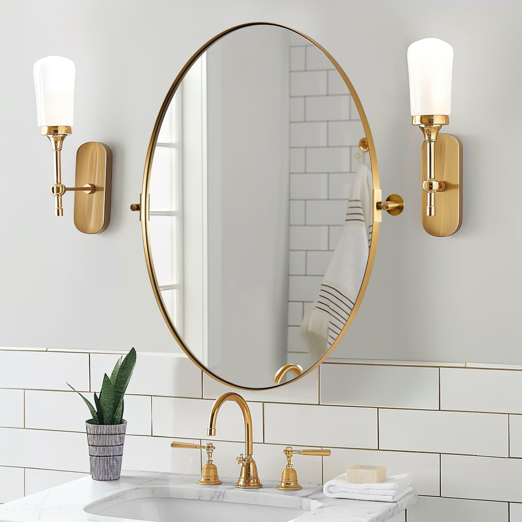 Oval Pivot Mirrors Adjustable Tilting Angle for Bathroom | Stainless Steel Framed