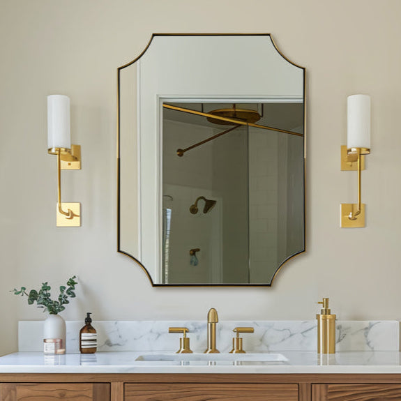 Contemporary  Rounded Notched Corner Scalloped  Rectangle Bathroom Vanity Mirror | Stainless Steel Frame