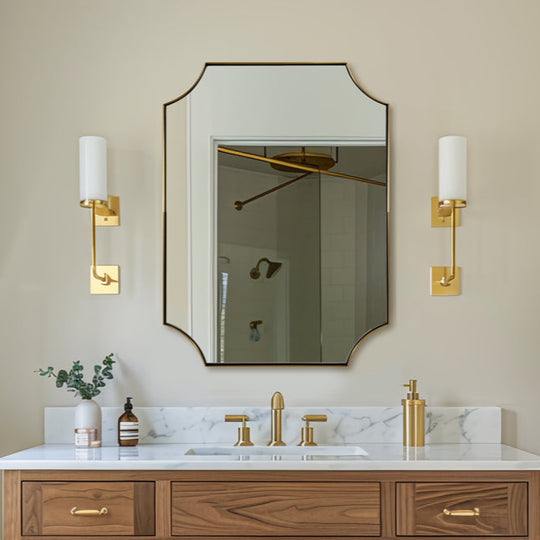 Contemporary  Rounded Notched Corner Scalloped  Rectangle Bathroom Vanity Mirror | Stainless Steel Frame
