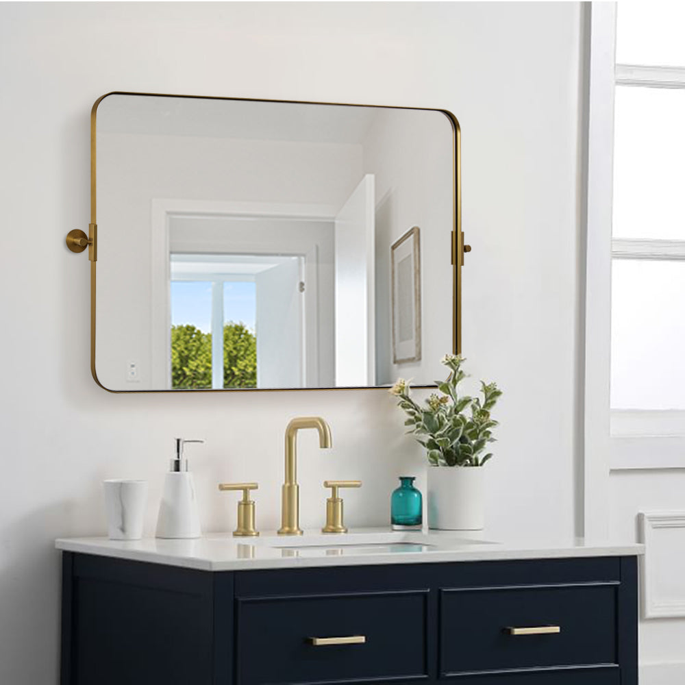 Modern Gold Tilting Rectangle Pivot Mirrors for Bathroom with Stainless Steel Frame