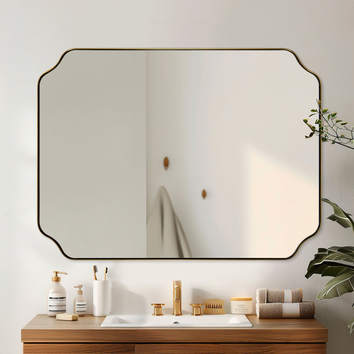 Contemporary Notched Corner Rectangle Scalloped Mirror for Wall /Bathroom | Stainless Steel Frame