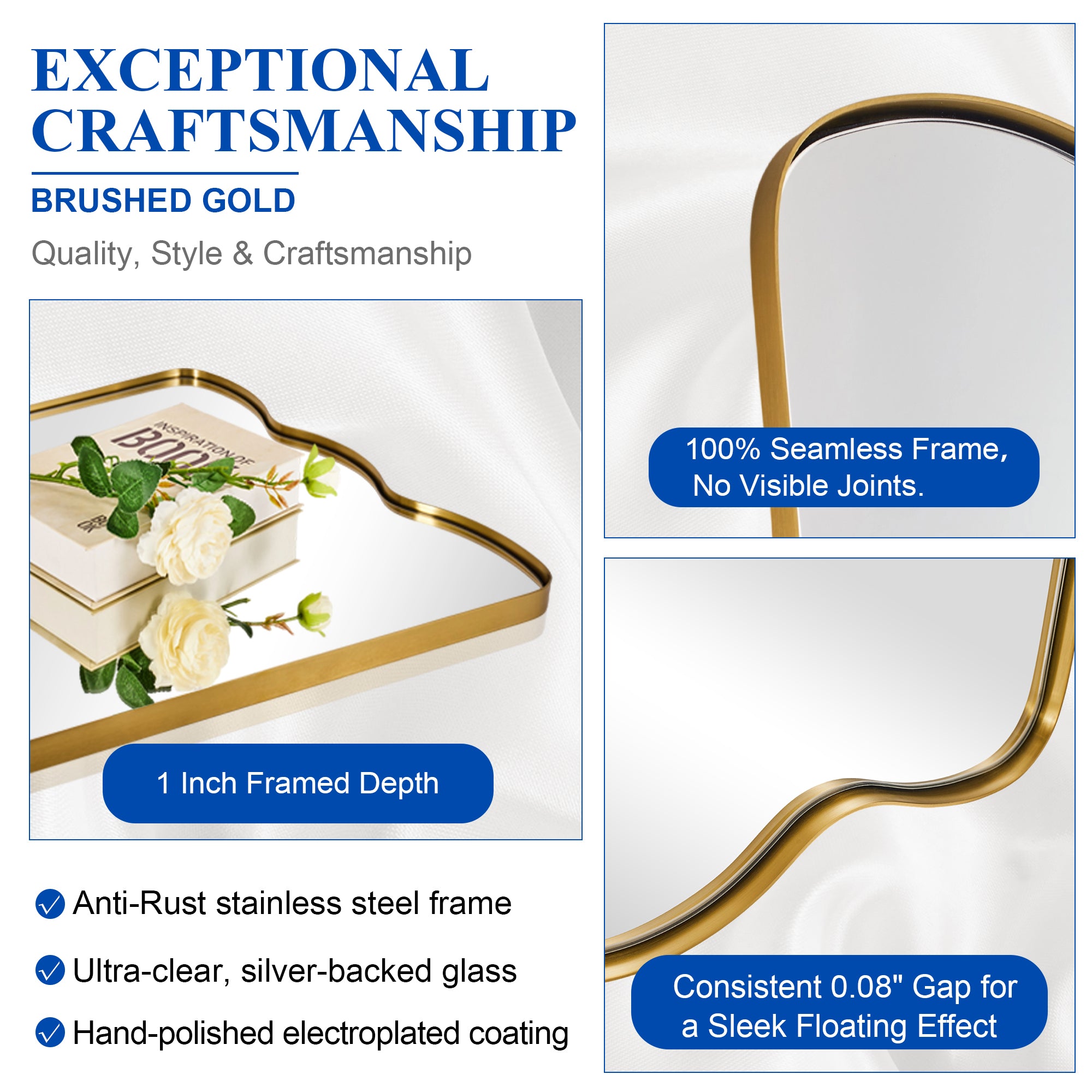 Contemporary Tapered Wavy Scalloped Bathroom Vanity Mirror | Stainless Steel Framed