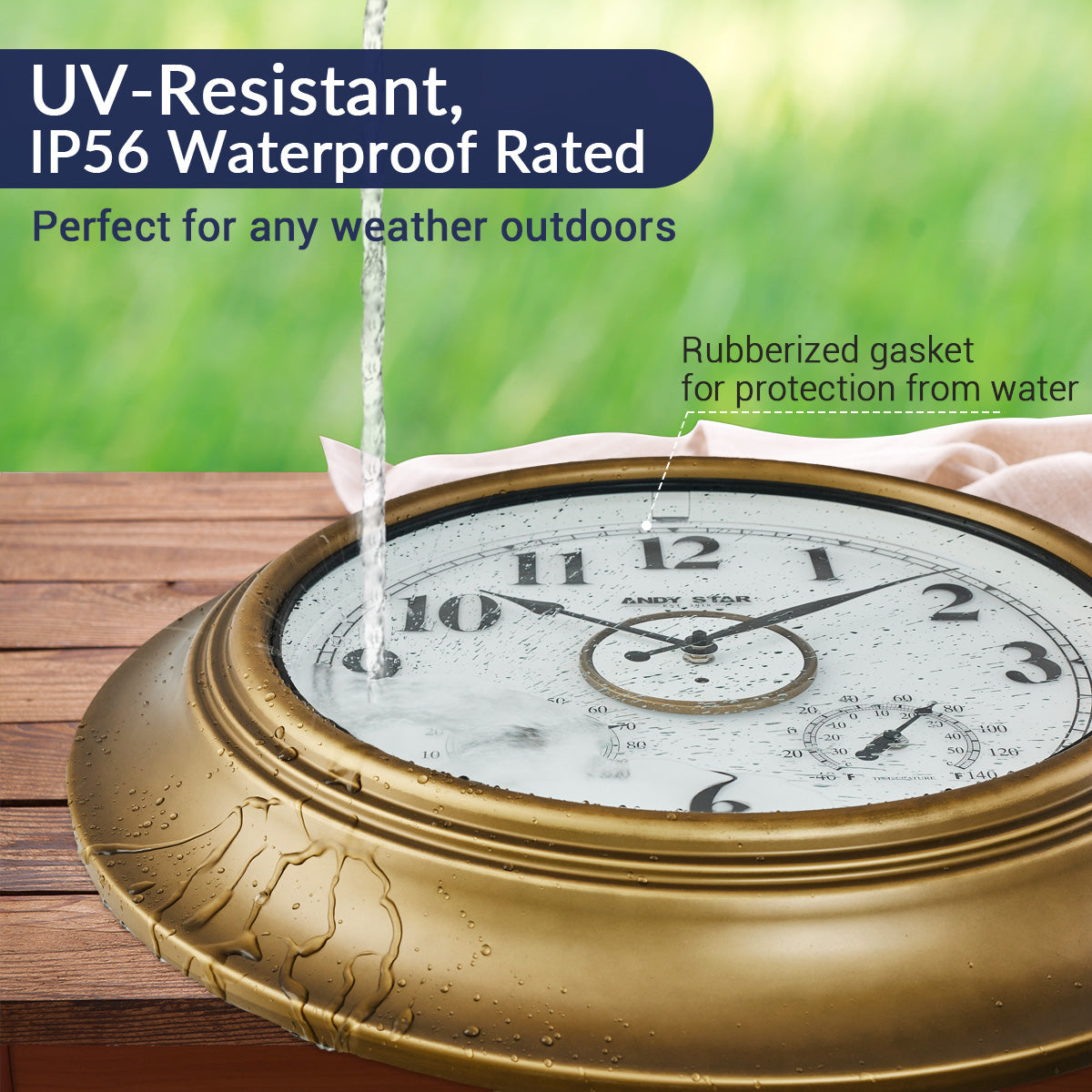 Waterproof Bathroom Wall Clock Illuminated Outdoor Clock with Thermometer Gold