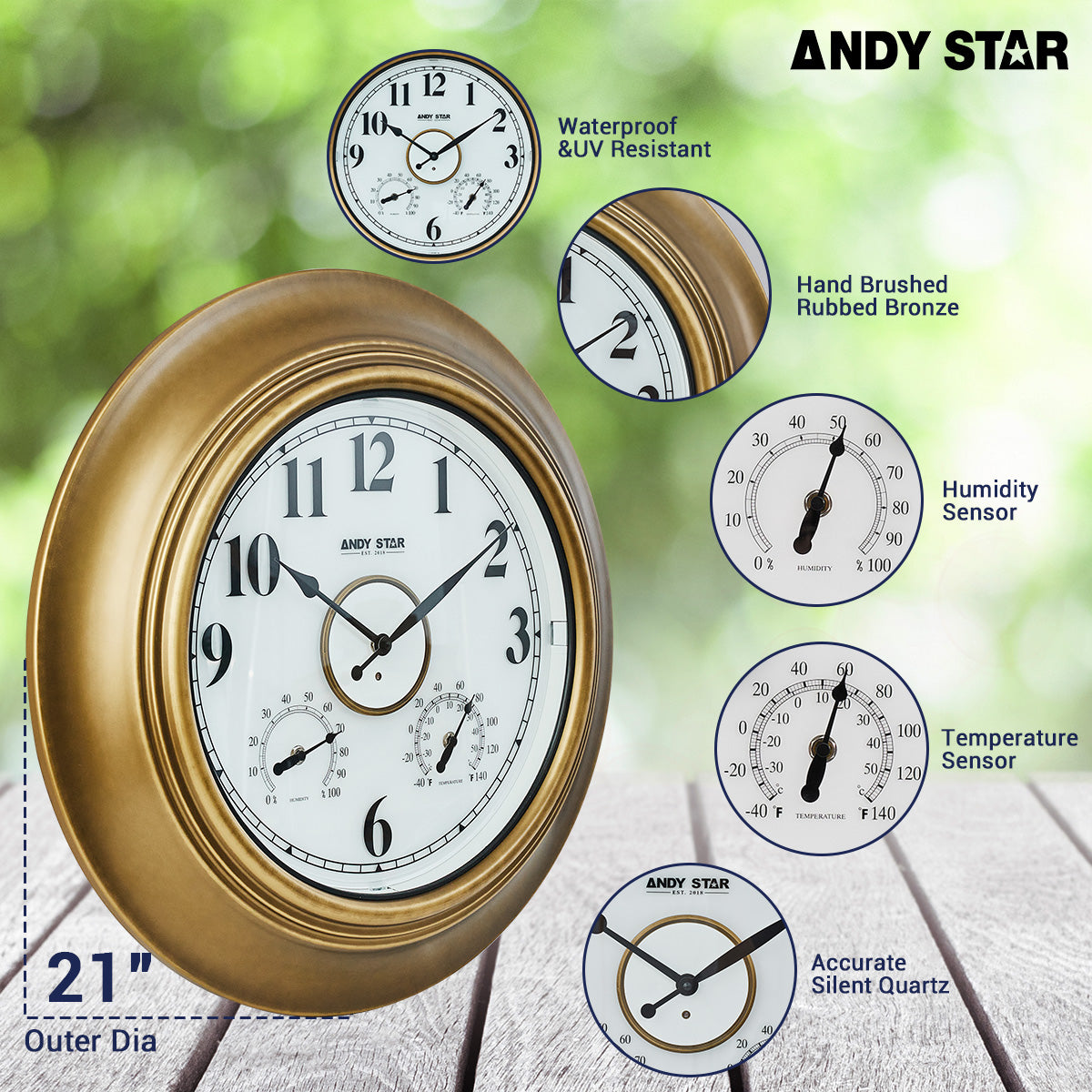 Waterproof Bathroom Wall Clock Illuminated Outdoor Clock with Thermometer Gold