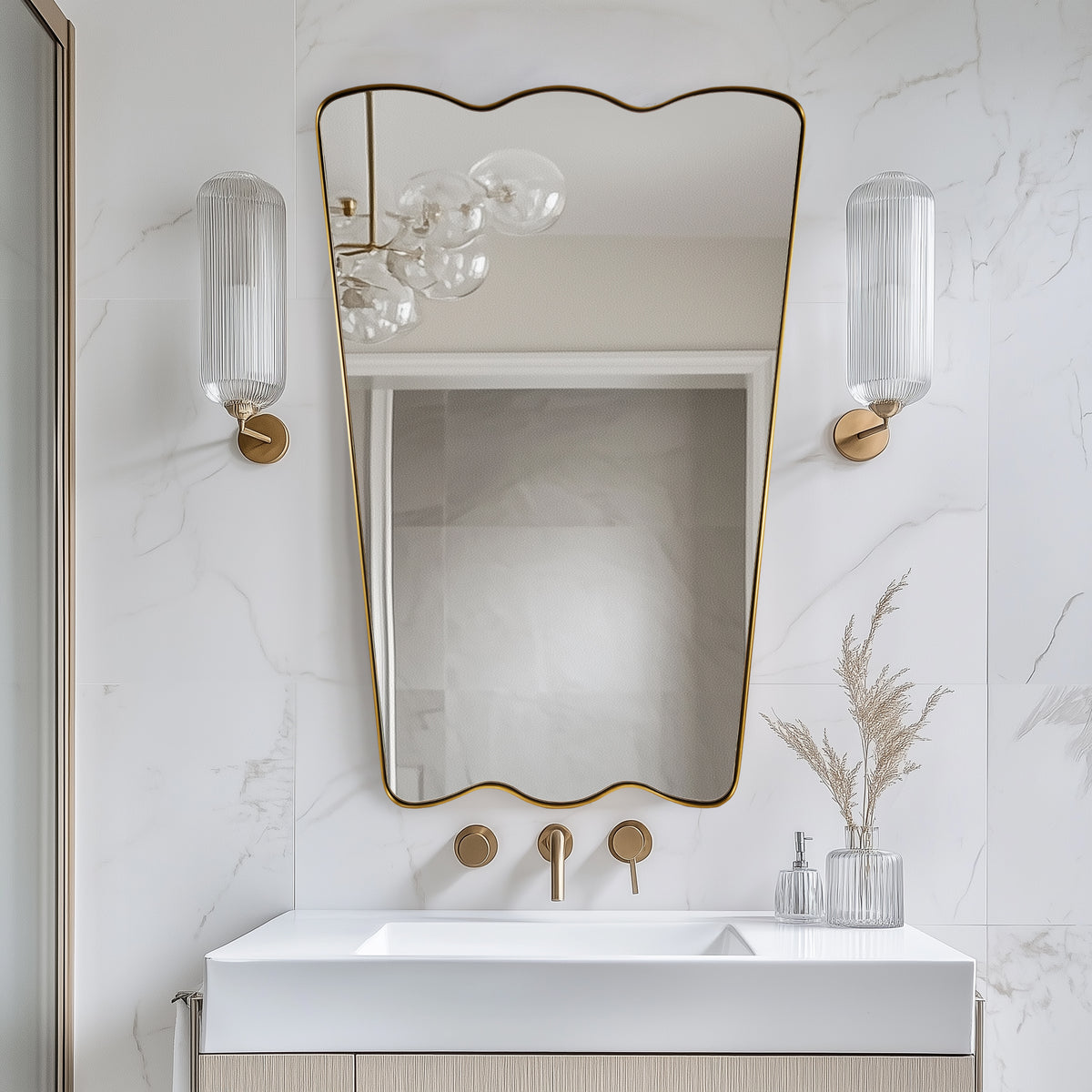 Trapezoidal Wavy Scalloped Bathroom Vanity Mirror | Stainless Steel Framed