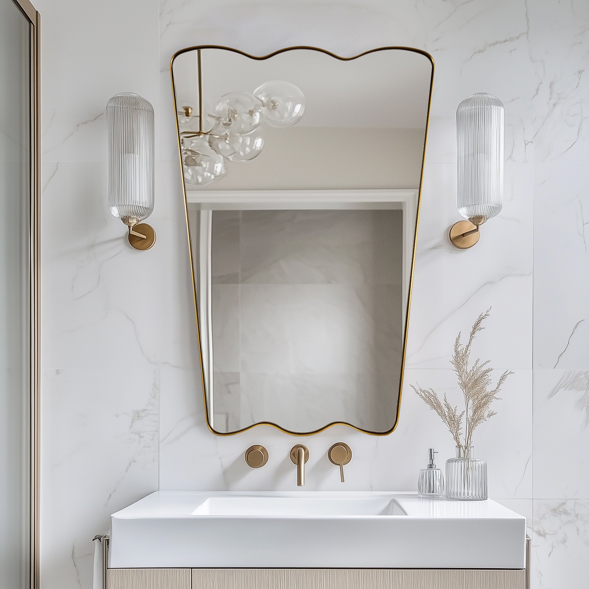 Contemporary Tapered Wavy Scalloped Bathroom Vanity Mirror | Stainless Steel Framed