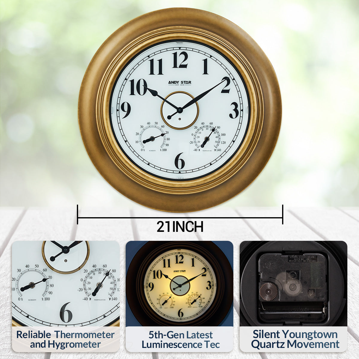 Waterproof Bathroom Wall Clock Illuminated Outdoor Clock with Thermometer Gold