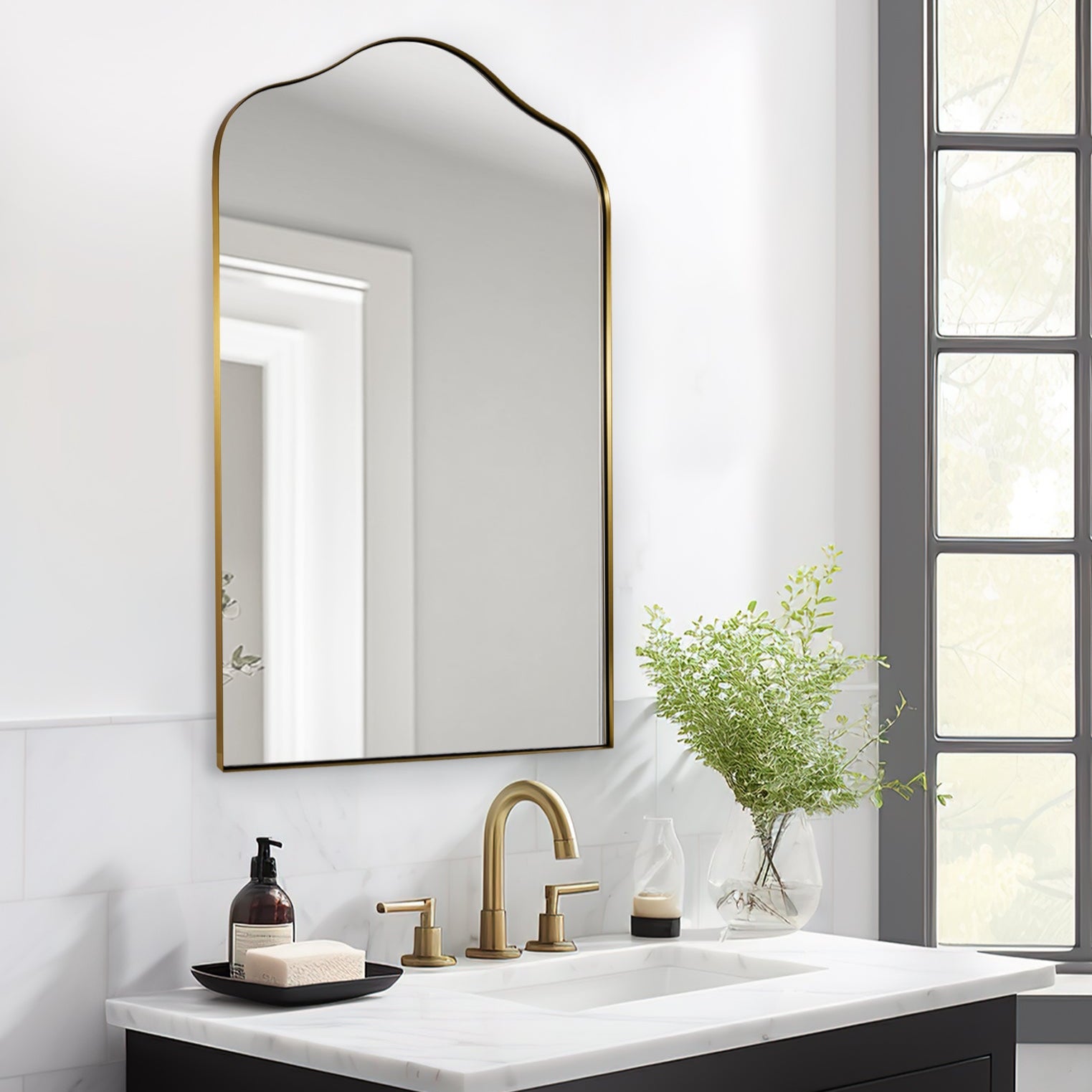 Contemporary Scalloped Arch Top Bathroom Mirror | Stainless Steel Frame