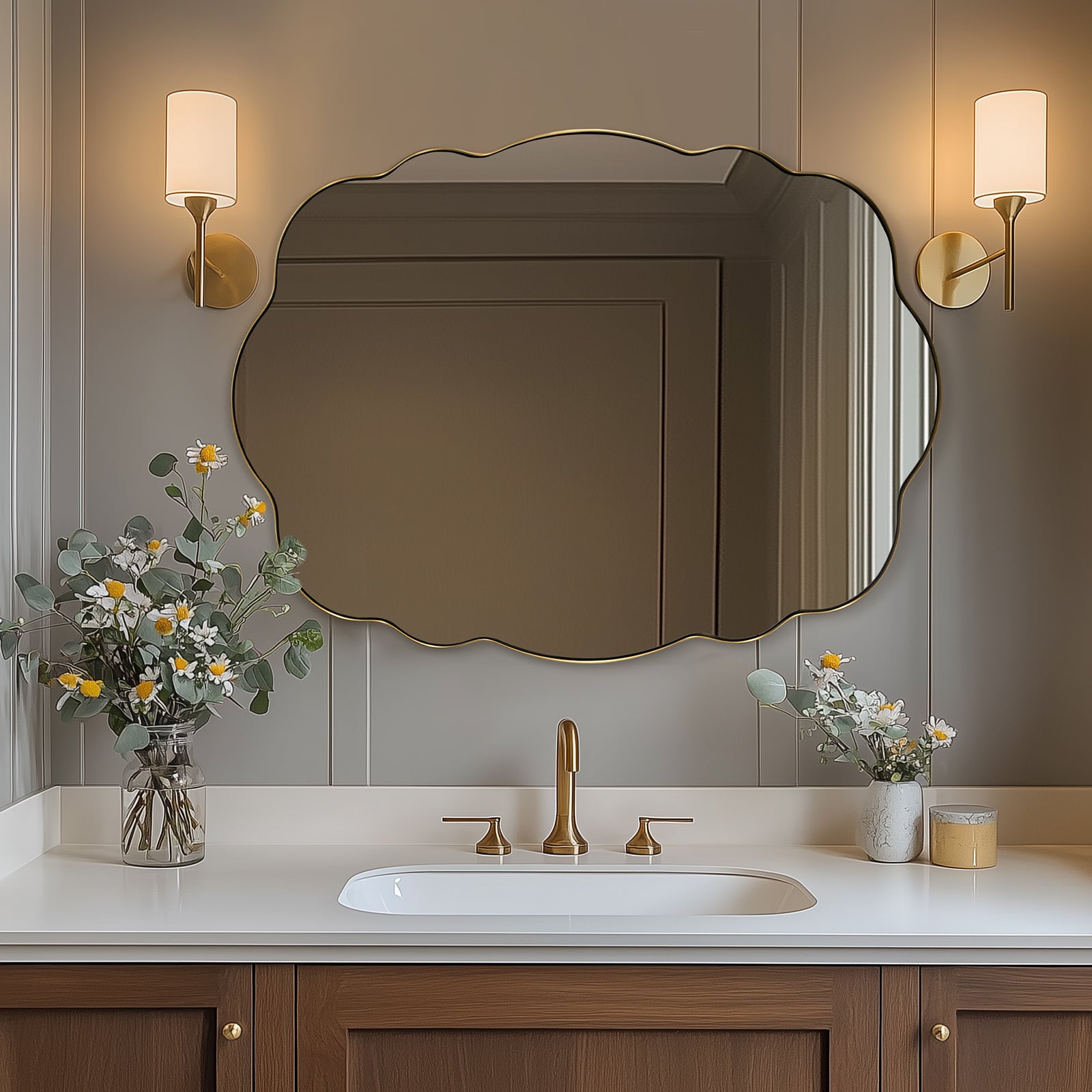 Contemporary Wavy Oval Scalloped Bathroom Vanity Mirror  Irregular Decorative Mirror| Stainless Steel Framed