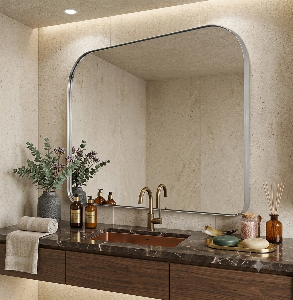 Modern Mantel Wide Arch Rectangle Bathroom Vanity  Mirror | Stainless Steel Frame
