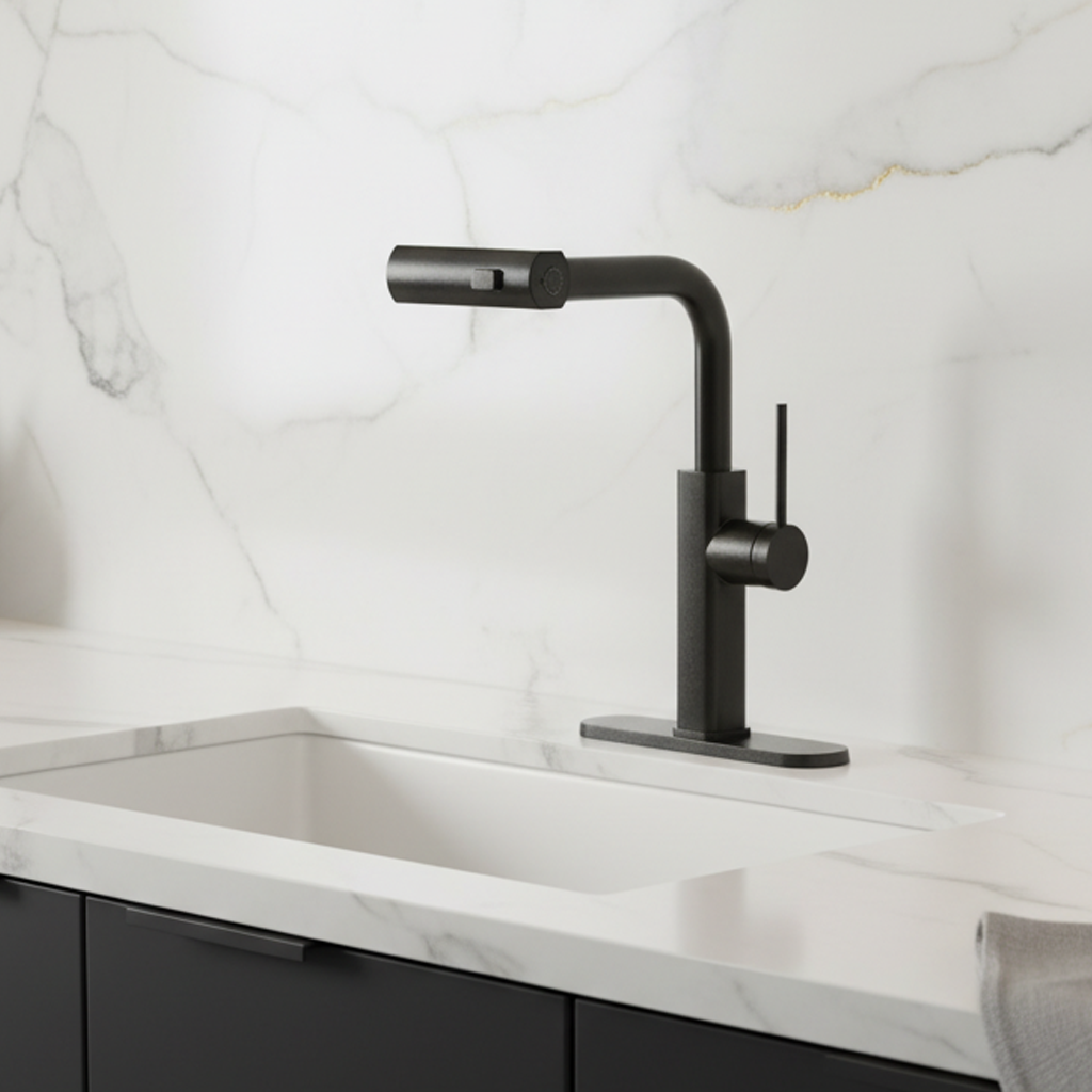 Modern Stainless Steel Single Hole Kitchen Faucet with Pull-Out Sprayer