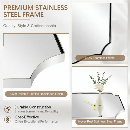 Contemporary  Rounded Notched Corner Scalloped  Rectangle Bathroom Vanity Mirror | Stainless Steel Frame