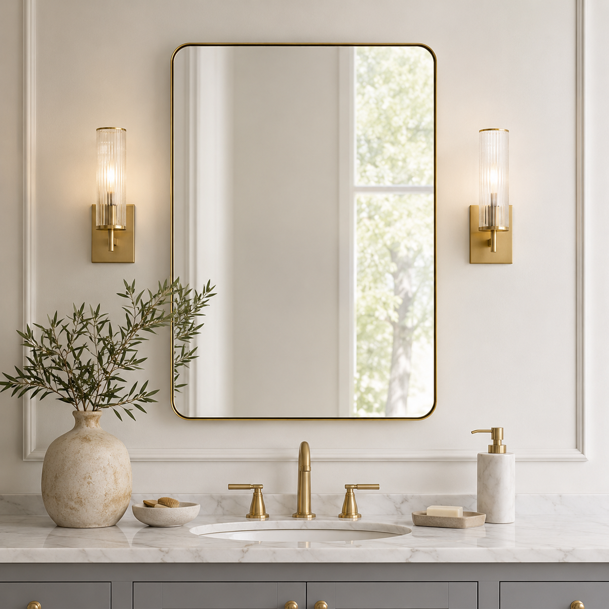 Modern Rounded Rectangle Mirror for Bathroom/ Vanity/ Wall | Stainless Steel Frame