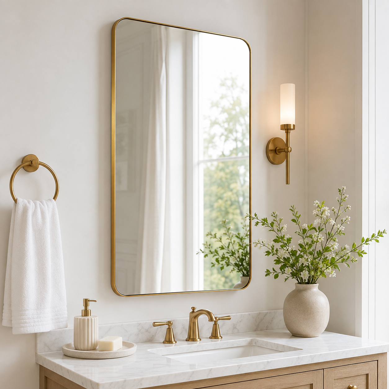 Modern Rounded Rectangle Mirror for Bathroom/ Vanity/ Wall | Stainless Steel Frame