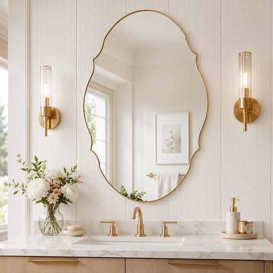Contemporary Oval Scalloped Wall Mirror Irregular Bathroom Vanity Mirror| Stainless Steel Frame