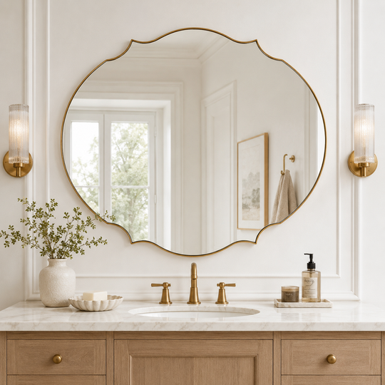 Contemporary Oval Scalloped Wall Mirror Irregular Bathroom Vanity Mirror| Stainless Steel Frame