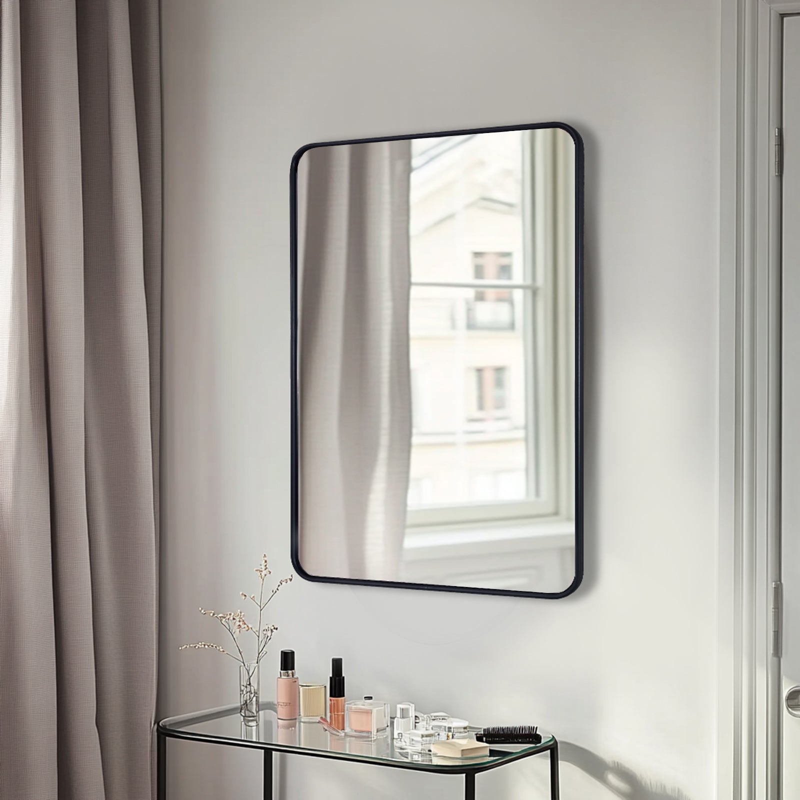 Contemporary Rounded Rectangular Bathroom Wall Mirror| U-Shaped Tube Aluminum Framed