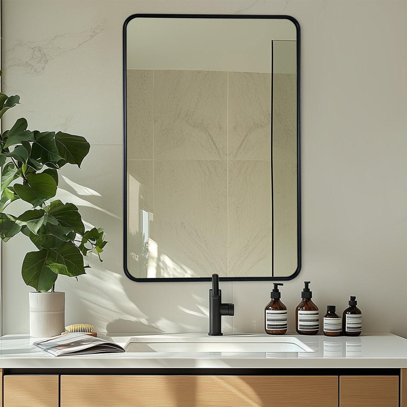 Contemporary Rounded Rectangular Bathroom Wall Mirror| U-Shaped Tube Aluminum Framed