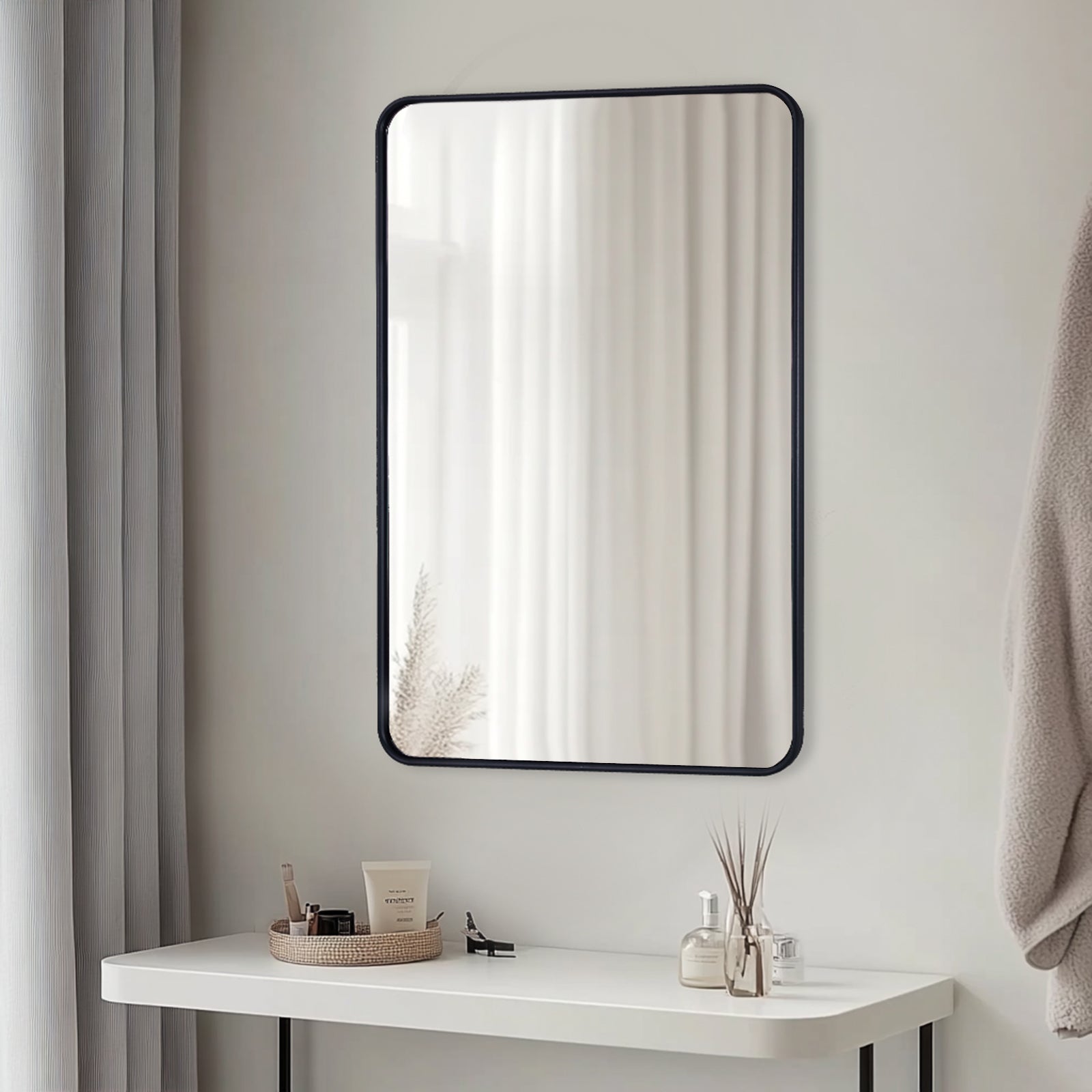 Contemporary Rounded Rectangular Bathroom Wall Mirror| U-Shaped Tube Aluminum Framed