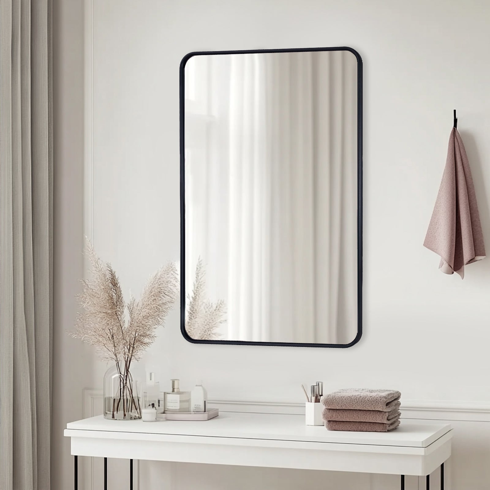 Contemporary Rounded Rectangular Bathroom Wall Mirror| U-Shaped Tube Aluminum Framed