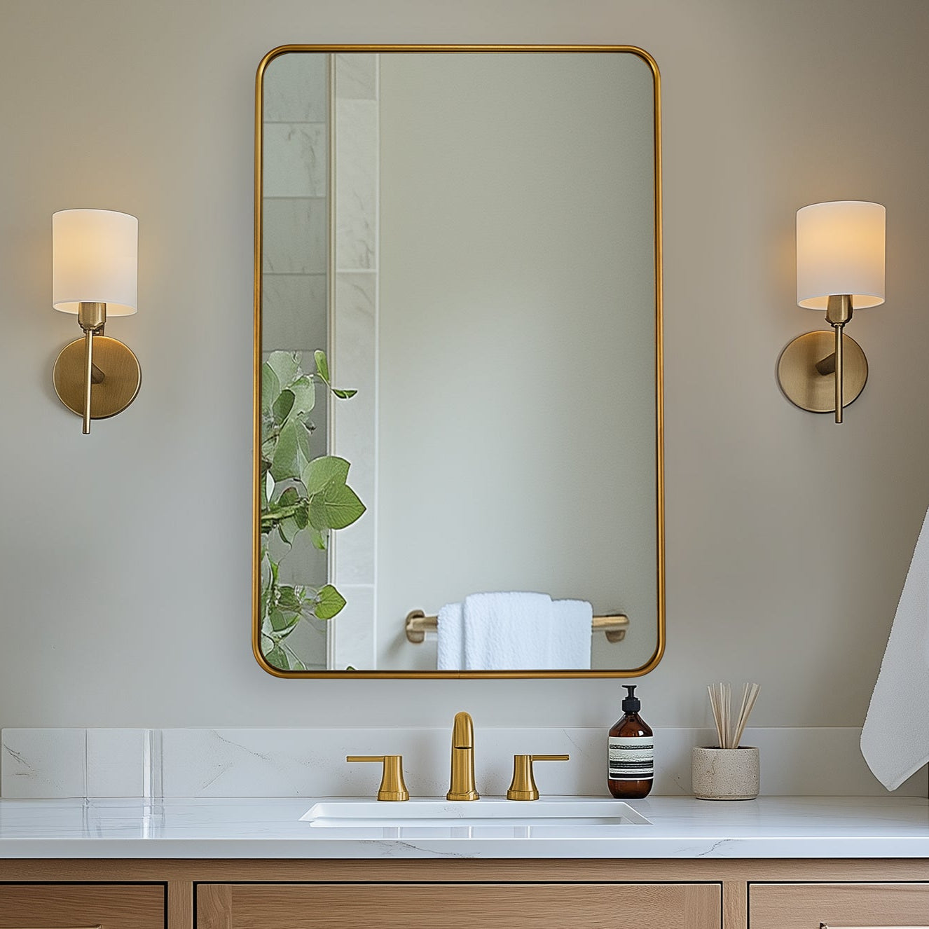 Contemporary Rounded Rectangular Bathroom Wall Mirror| U-Shaped Tube Aluminum Framed