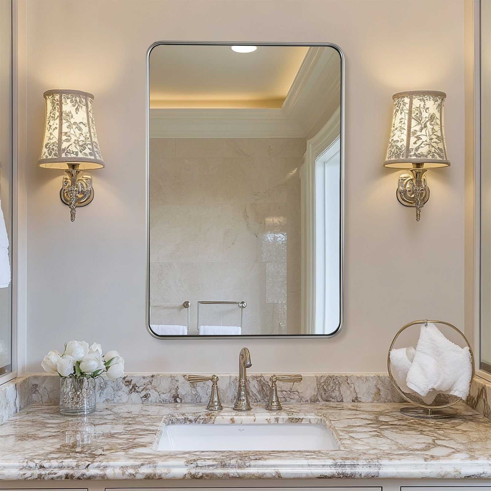 Contemporary Rounded Rectangular Bathroom Wall Mirror| U-Shaped Tube Aluminum Framed