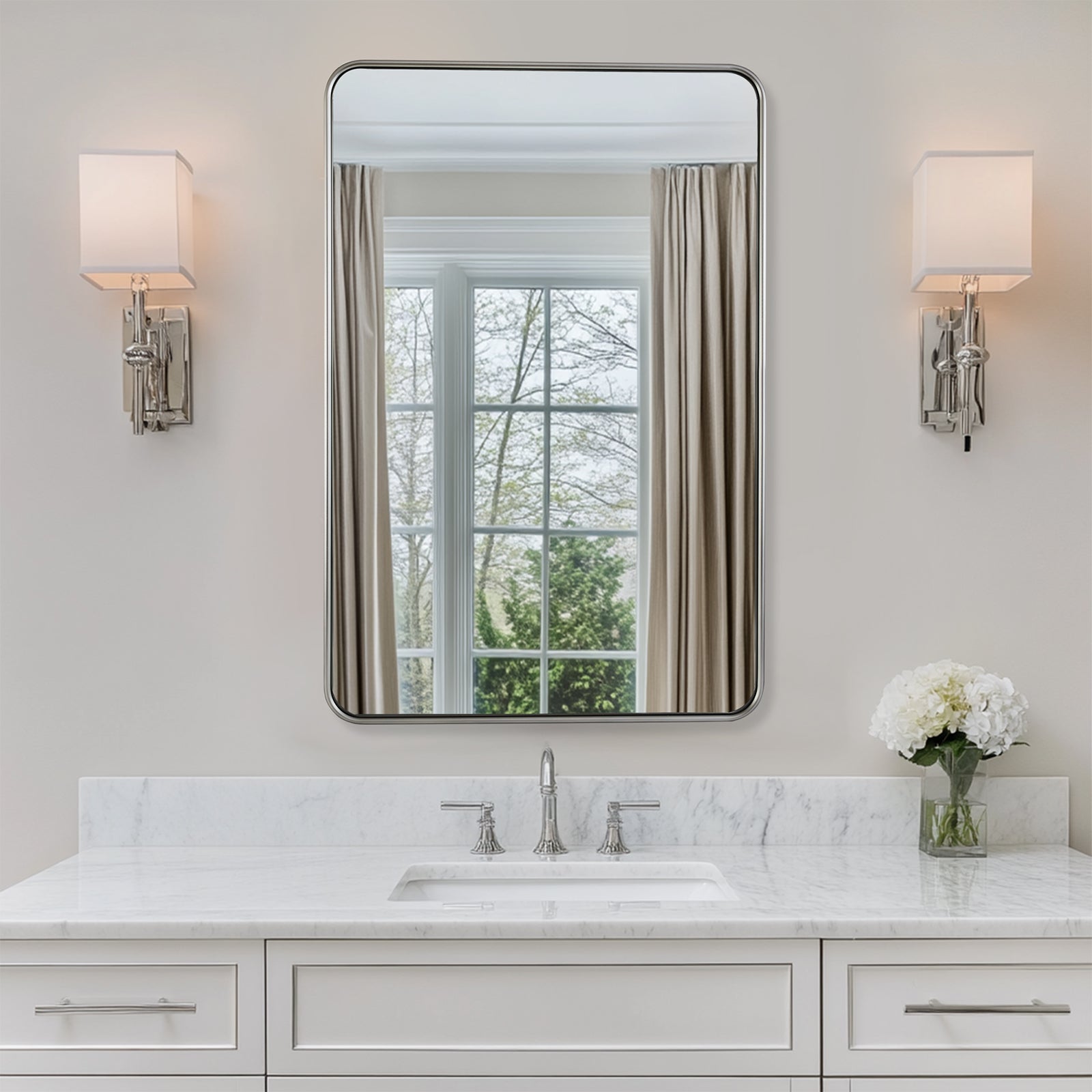 Contemporary Rounded Rectangular Bathroom Wall Mirror| U-Shaped Tube Aluminum Framed