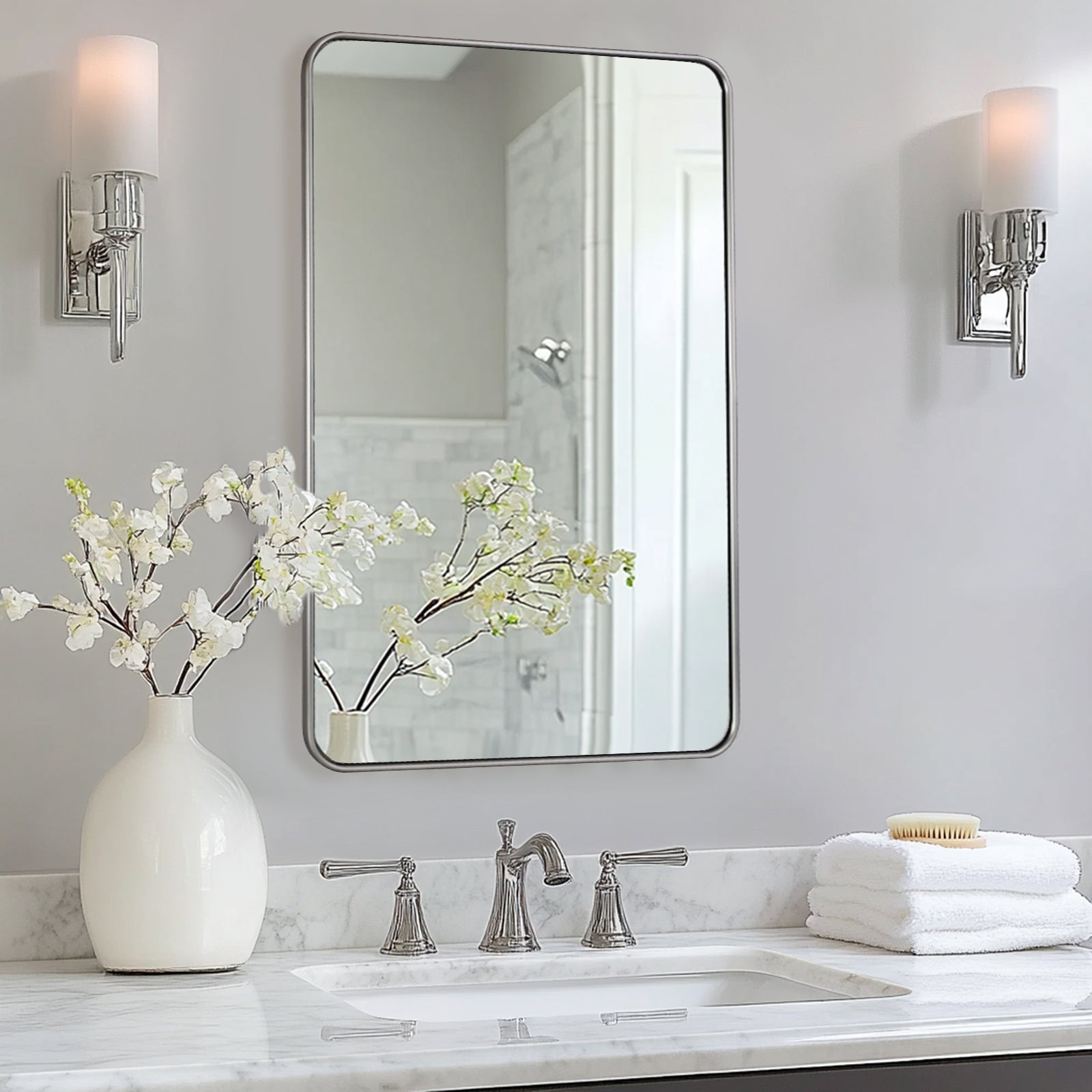 Contemporary Rounded Rectangular Bathroom Wall Mirror| U-Shaped Tube Aluminum Framed