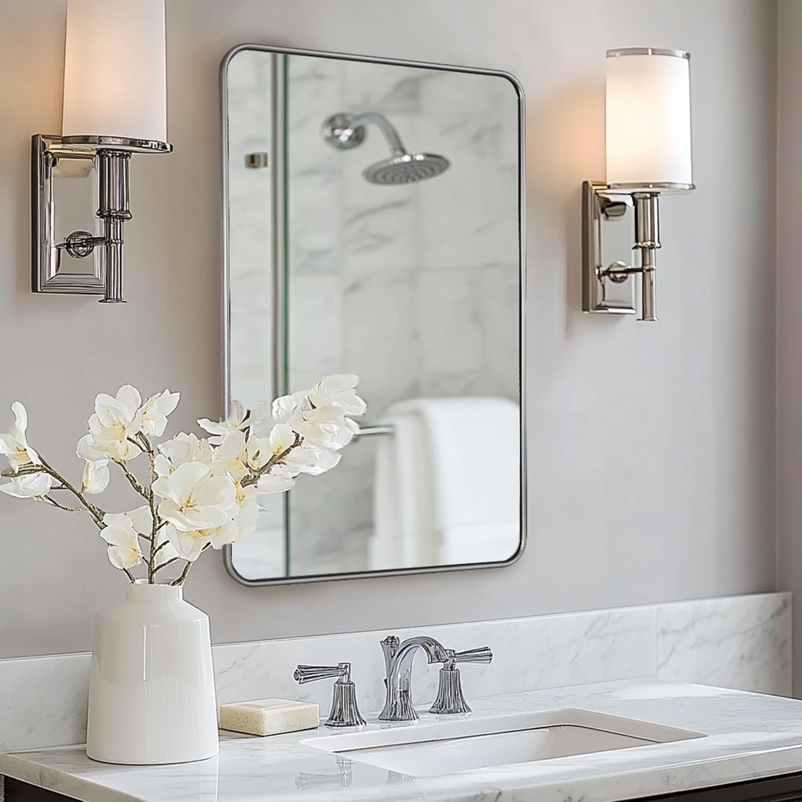 Contemporary Rounded Rectangular Bathroom Wall Mirror| U-Shaped Tube Aluminum Framed