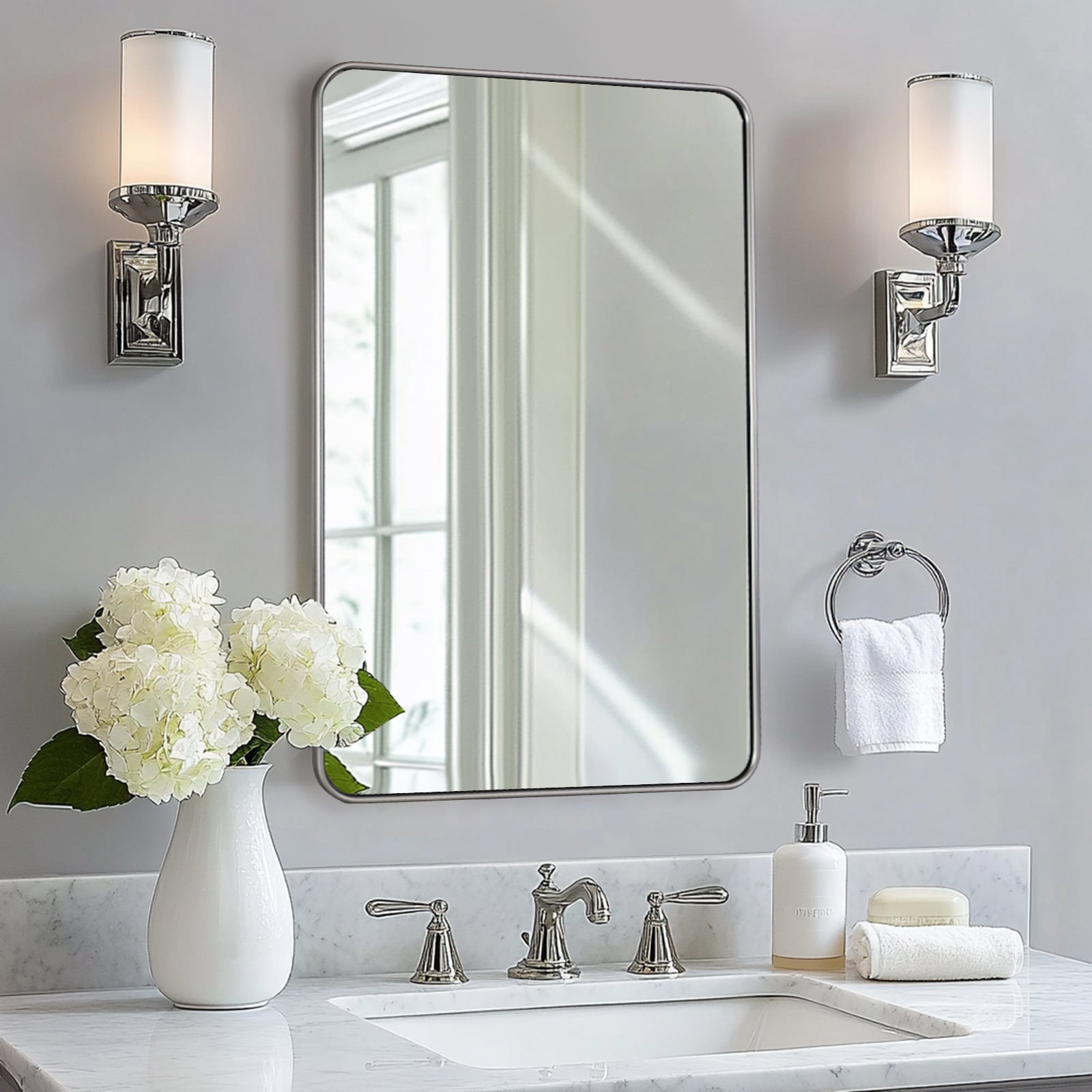 Contemporary Rounded Rectangular Bathroom Wall Mirror| U-Shaped Tube Aluminum Framed