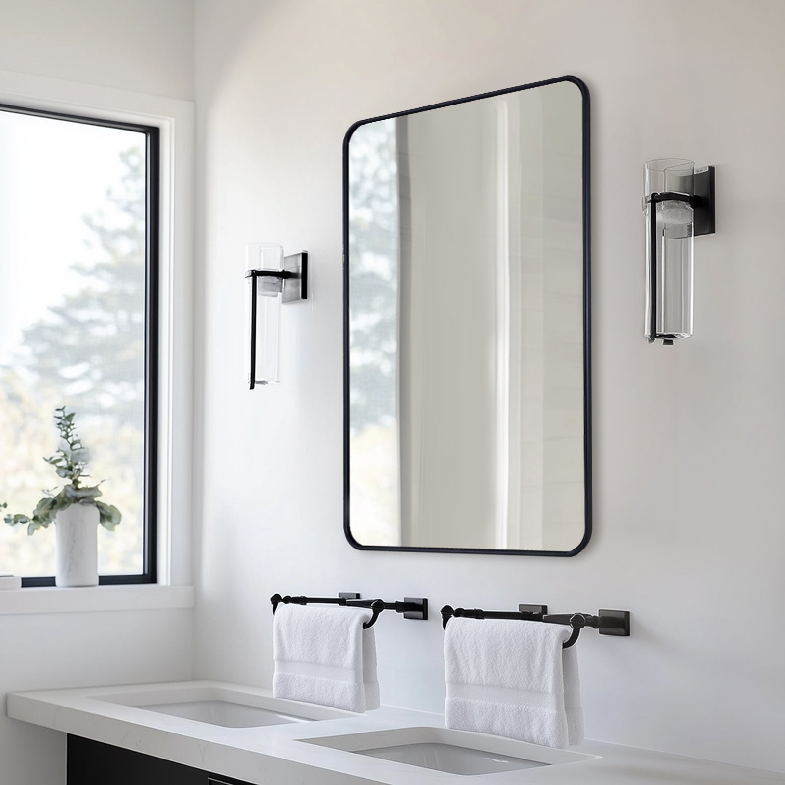 Contemporary Rounded Rectangular Bathroom Wall Mirror| U-Shaped Tube Aluminum Framed