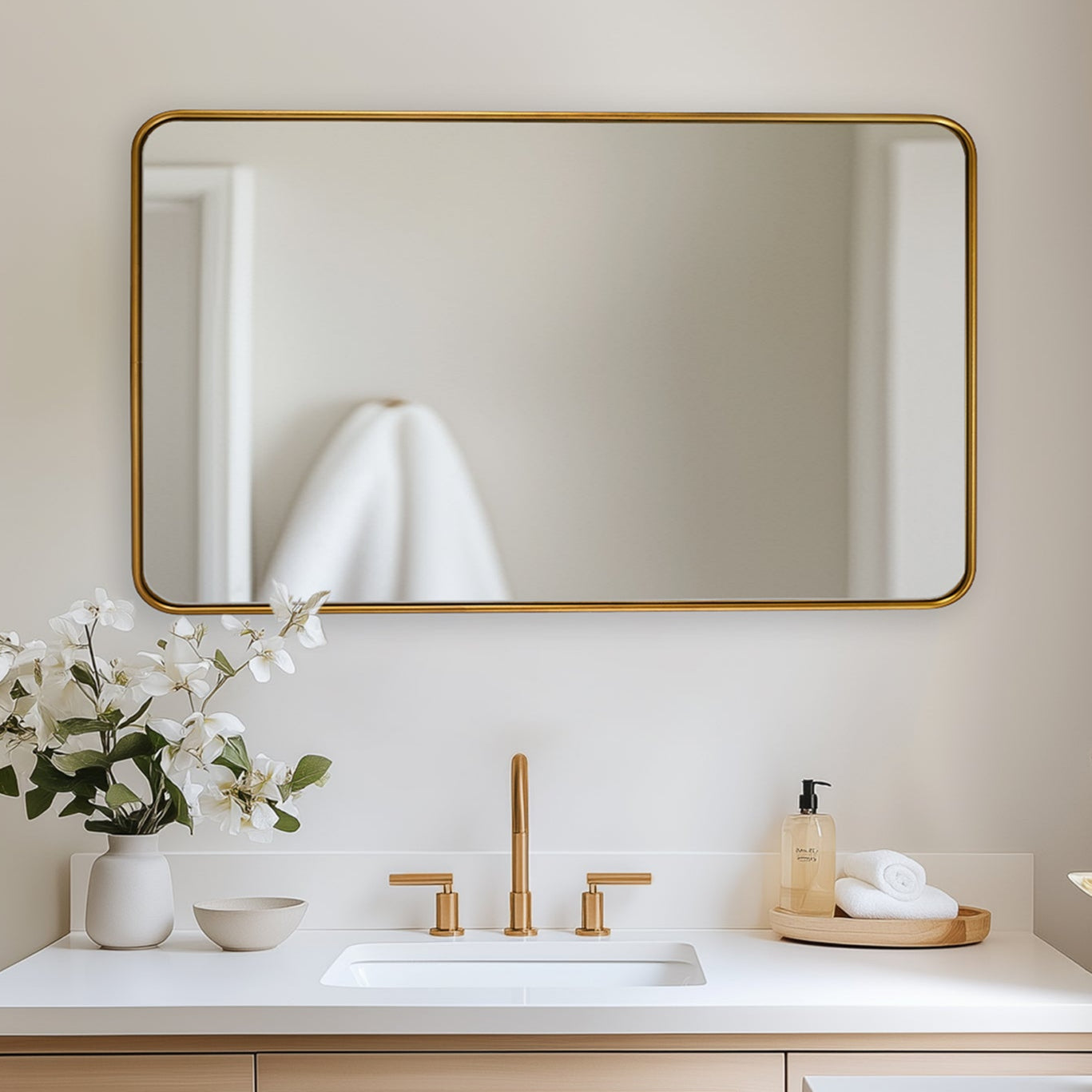 Contemporary Rounded Rectangular Bathroom Wall Mirror| U-Shaped Tube Aluminum Framed