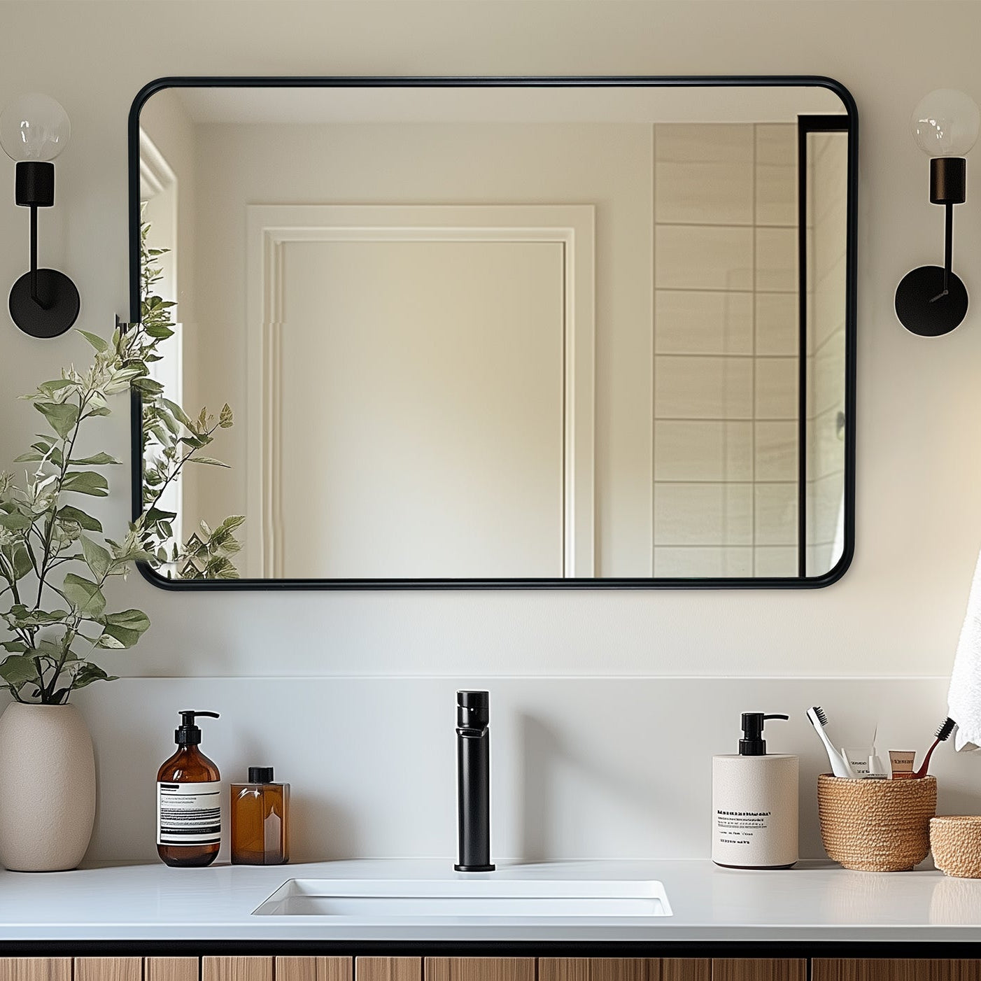 Contemporary Rounded Rectangular Bathroom Wall Mirror| Aluminum U-Tube  Framed
