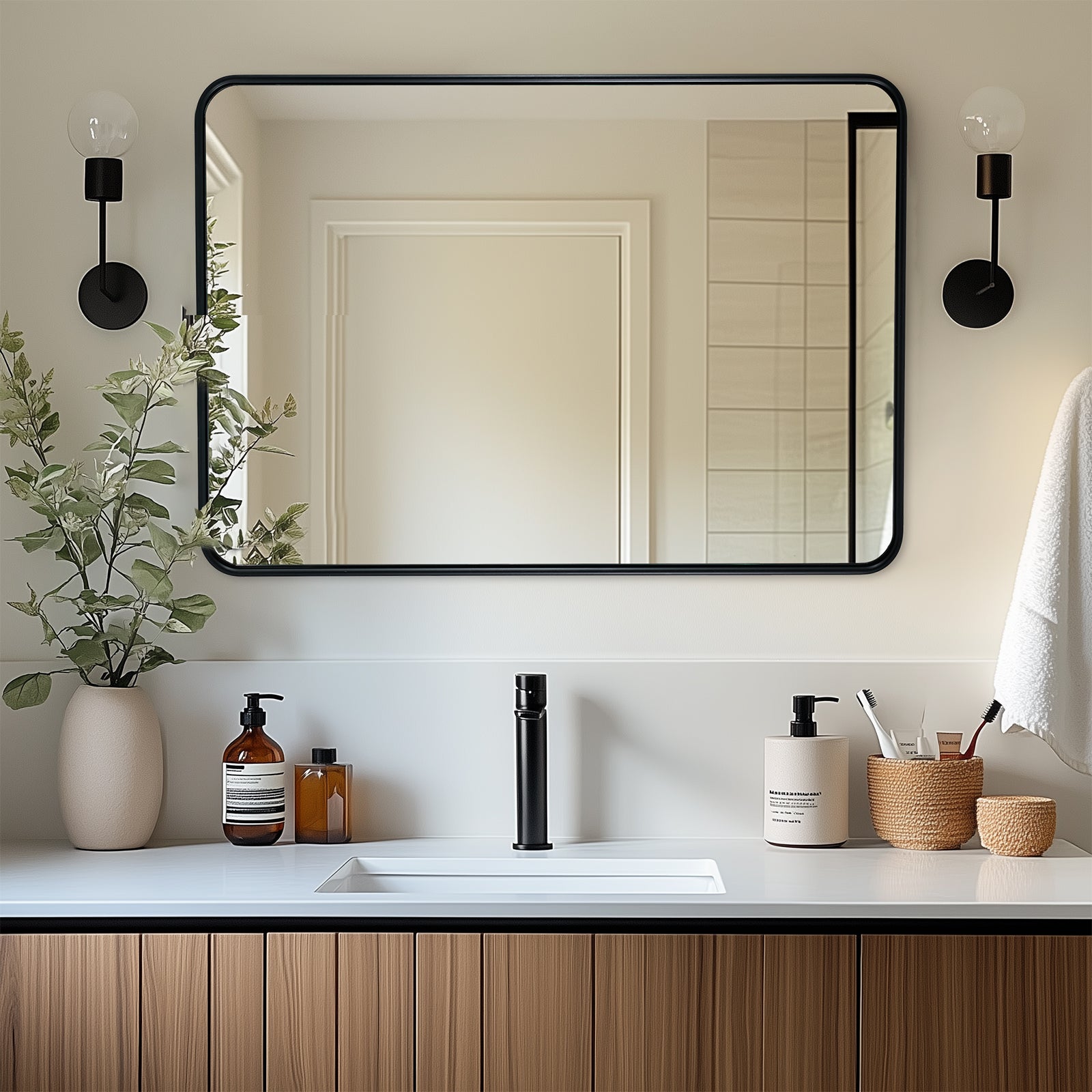 Contemporary Rounded Rectangular Bathroom Wall Mirror| U-Shaped Tube Aluminum Framed