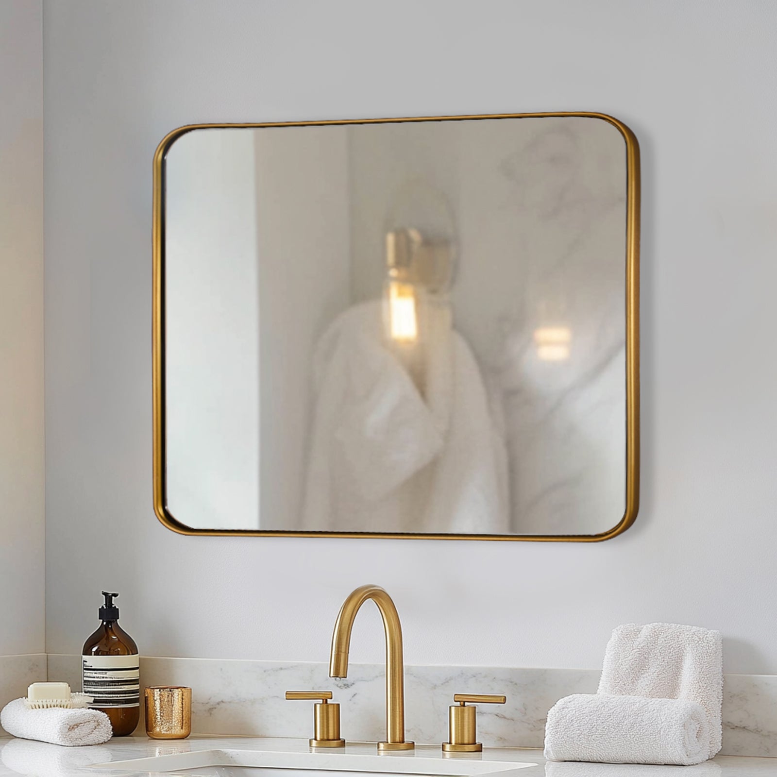 Contemporary Rounded Rectangular Bathroom Wall Mirror| U-Shaped Tube Aluminum Framed