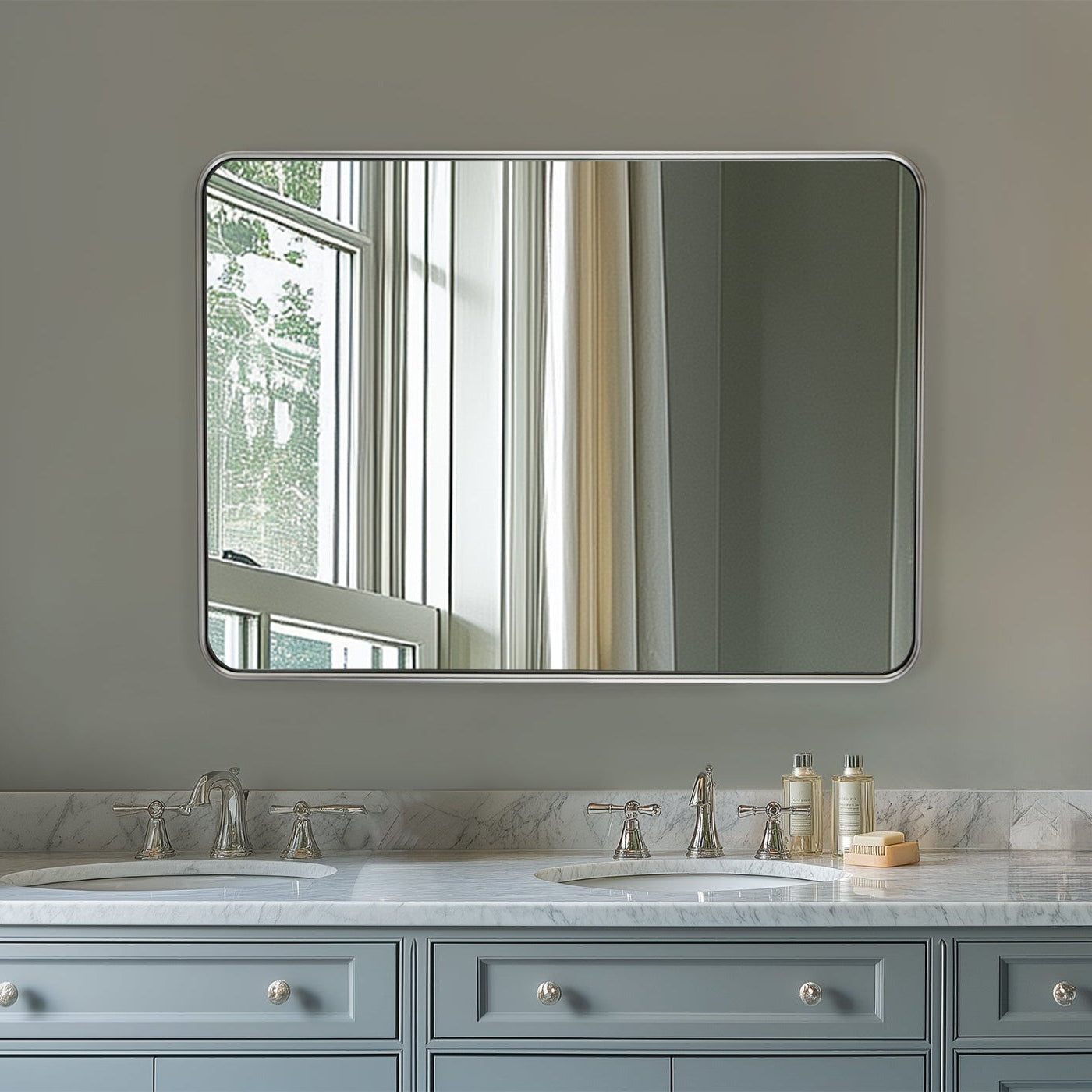 Contemporary Rounded Rectangular Bathroom Wall Mirror| Aluminum U-Tube  Framed