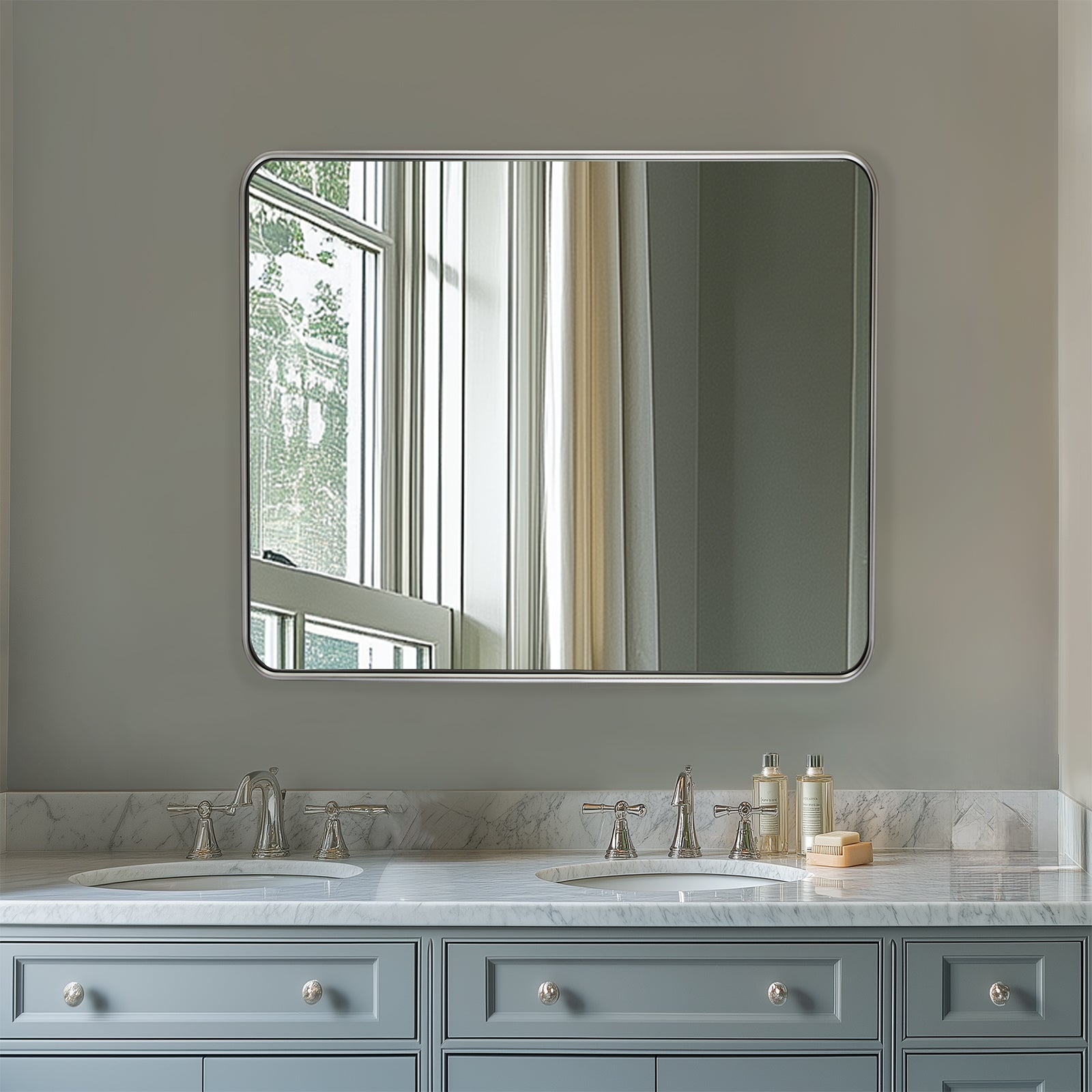 Contemporary Rounded Rectangular Bathroom Wall Mirror| U-Shaped Tube Aluminum Framed