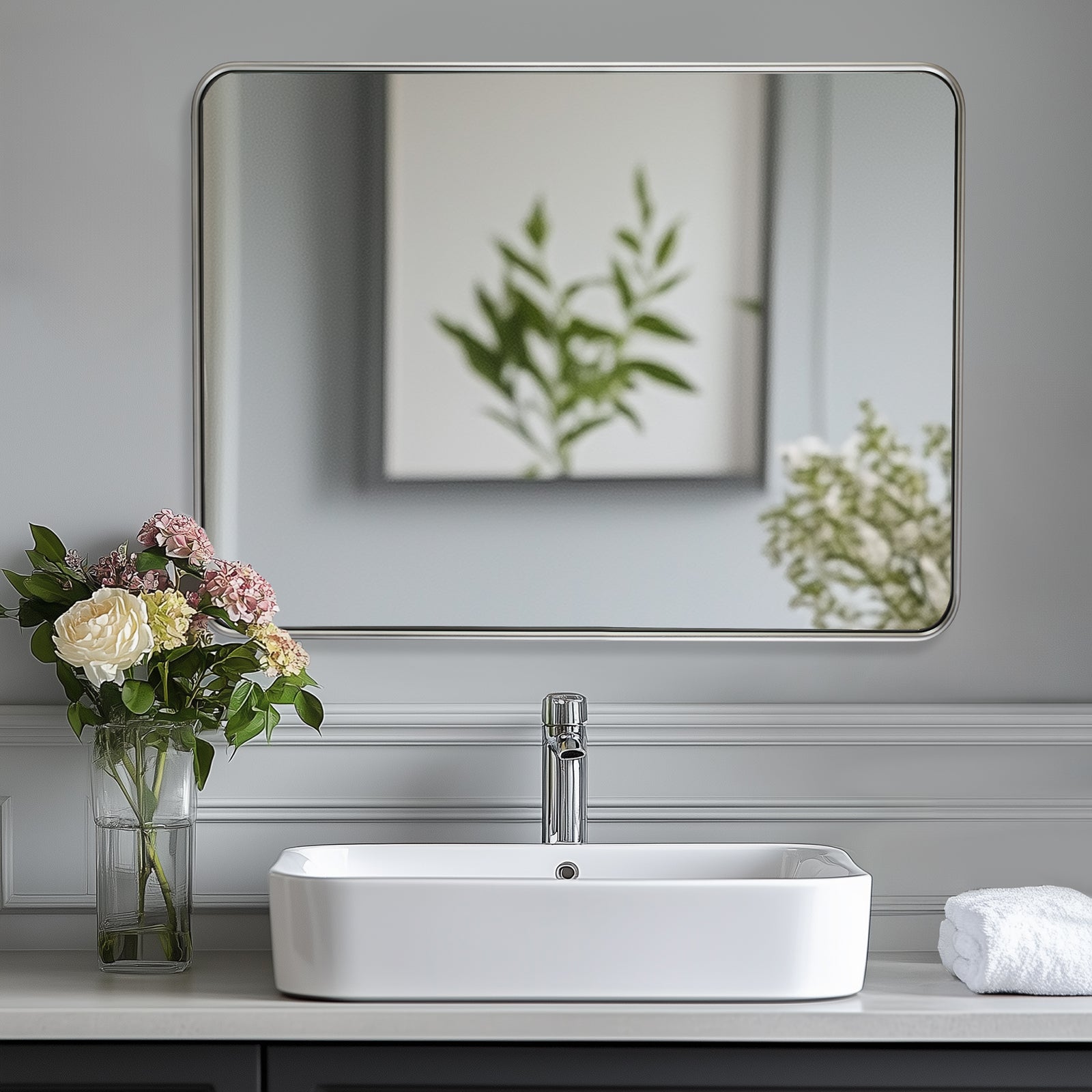 Contemporary Rounded Rectangular Bathroom Wall Mirror| U-Shaped Tube Aluminum Framed