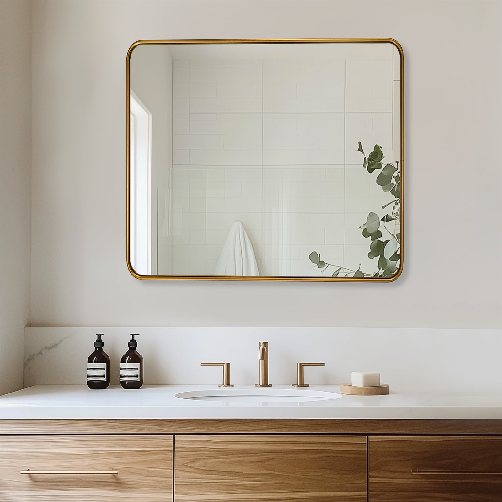 Contemporary Rounded Rectangular Bathroom Wall Mirror| U-Shaped Tube Aluminum Framed