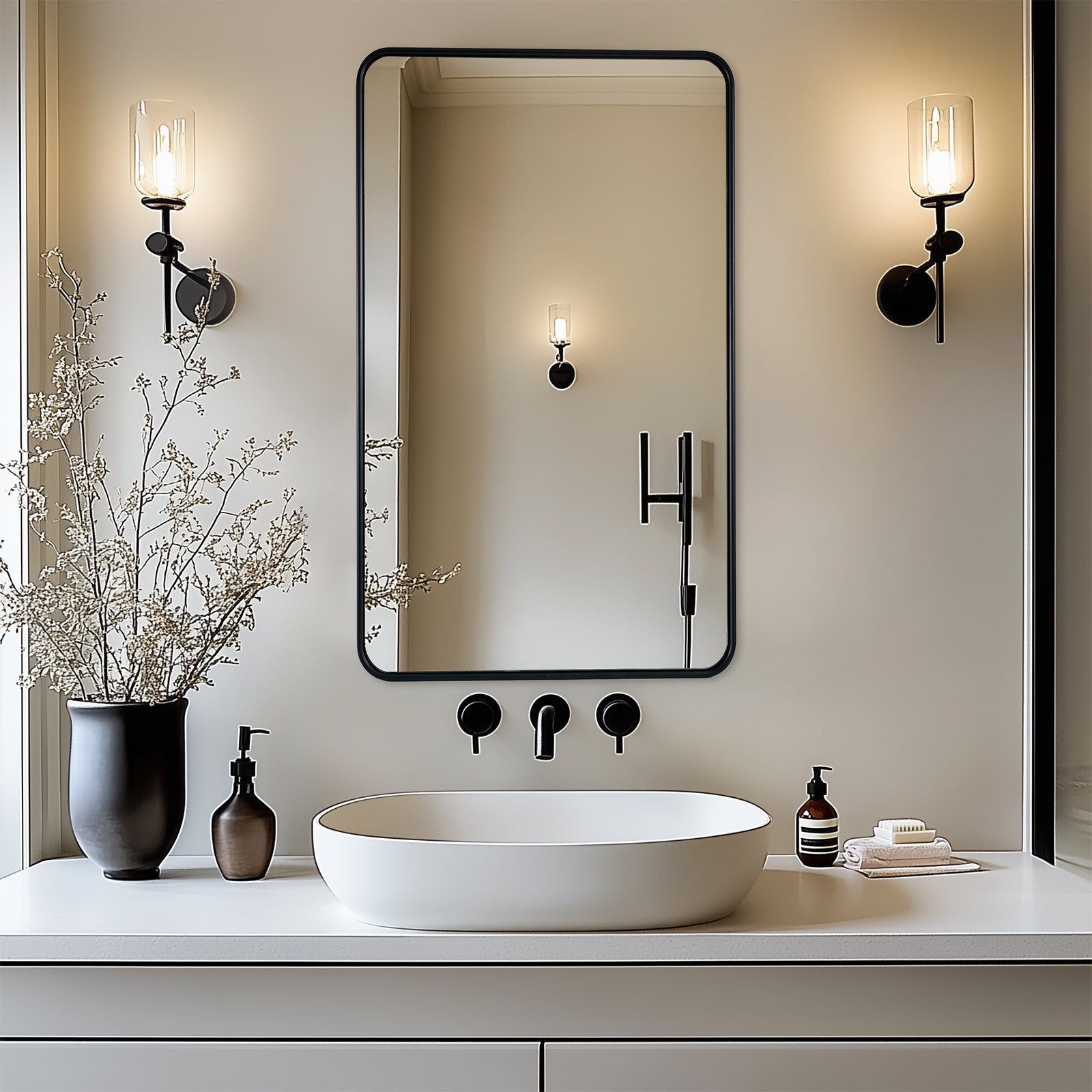 Contemporary Rounded Rectangular Bathroom Wall Mirror| U-Shaped Tube Aluminum Framed