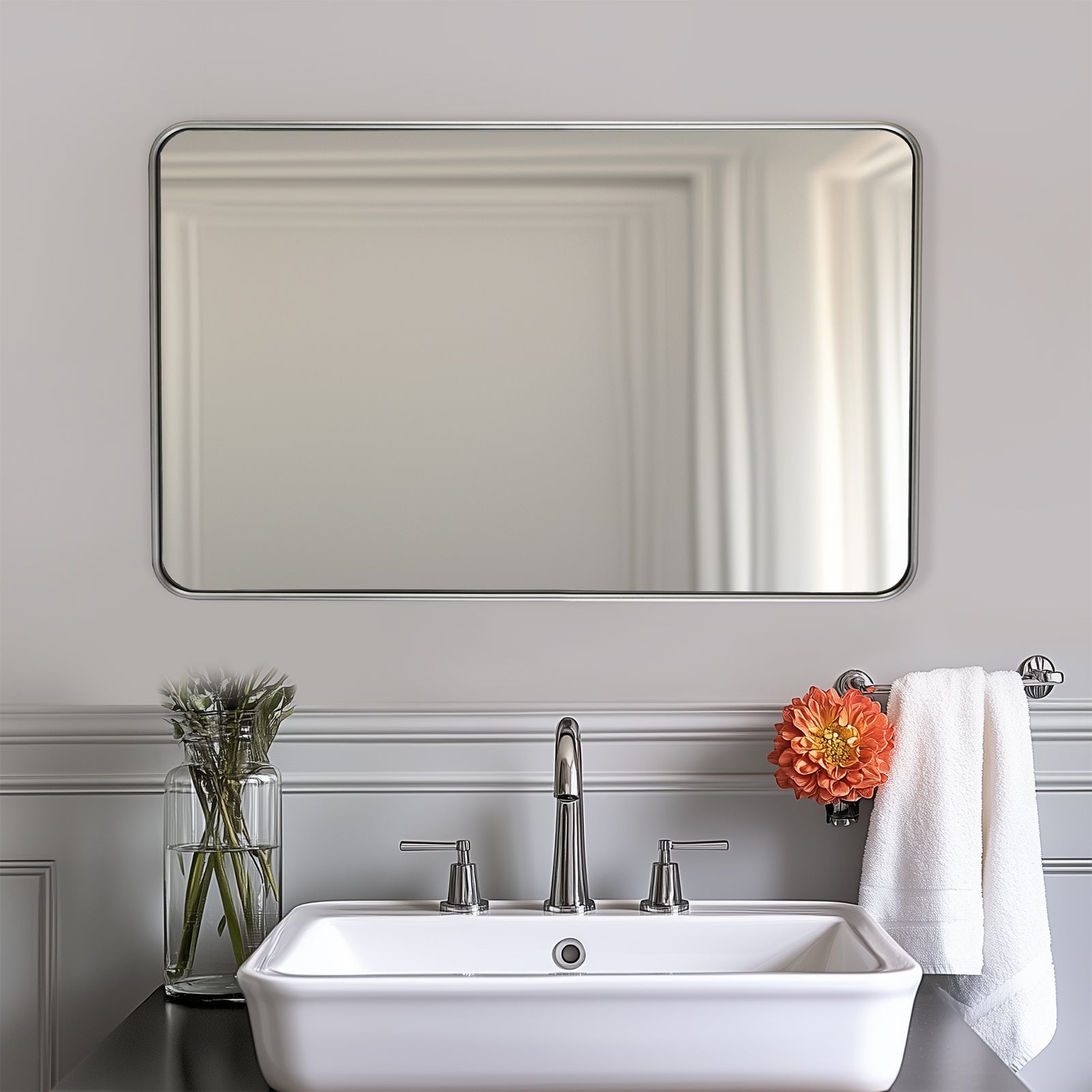 Contemporary Rounded Rectangular Bathroom Wall Mirror| U-Shaped Tube Aluminum Framed