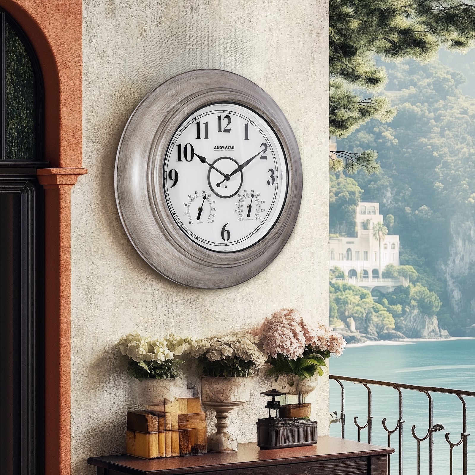 Oak 21 inch Illuminated  Outdoor Clocks with Thermometer Weatherproof Waterproof Bathroom Wall Clock