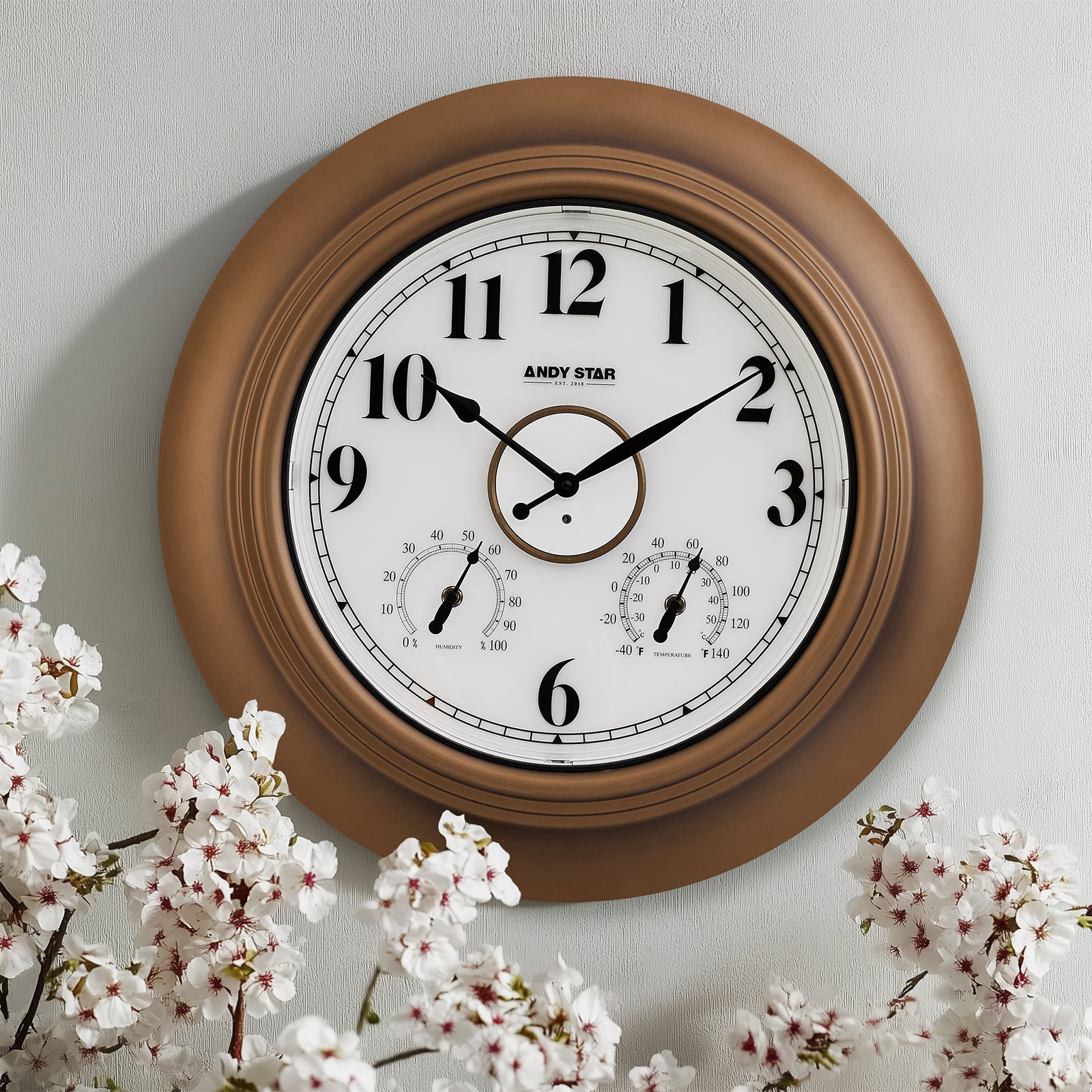 Waterproof Bathroom Wall Clock Illuminated Outdoor Clock with Thermometer Bronze