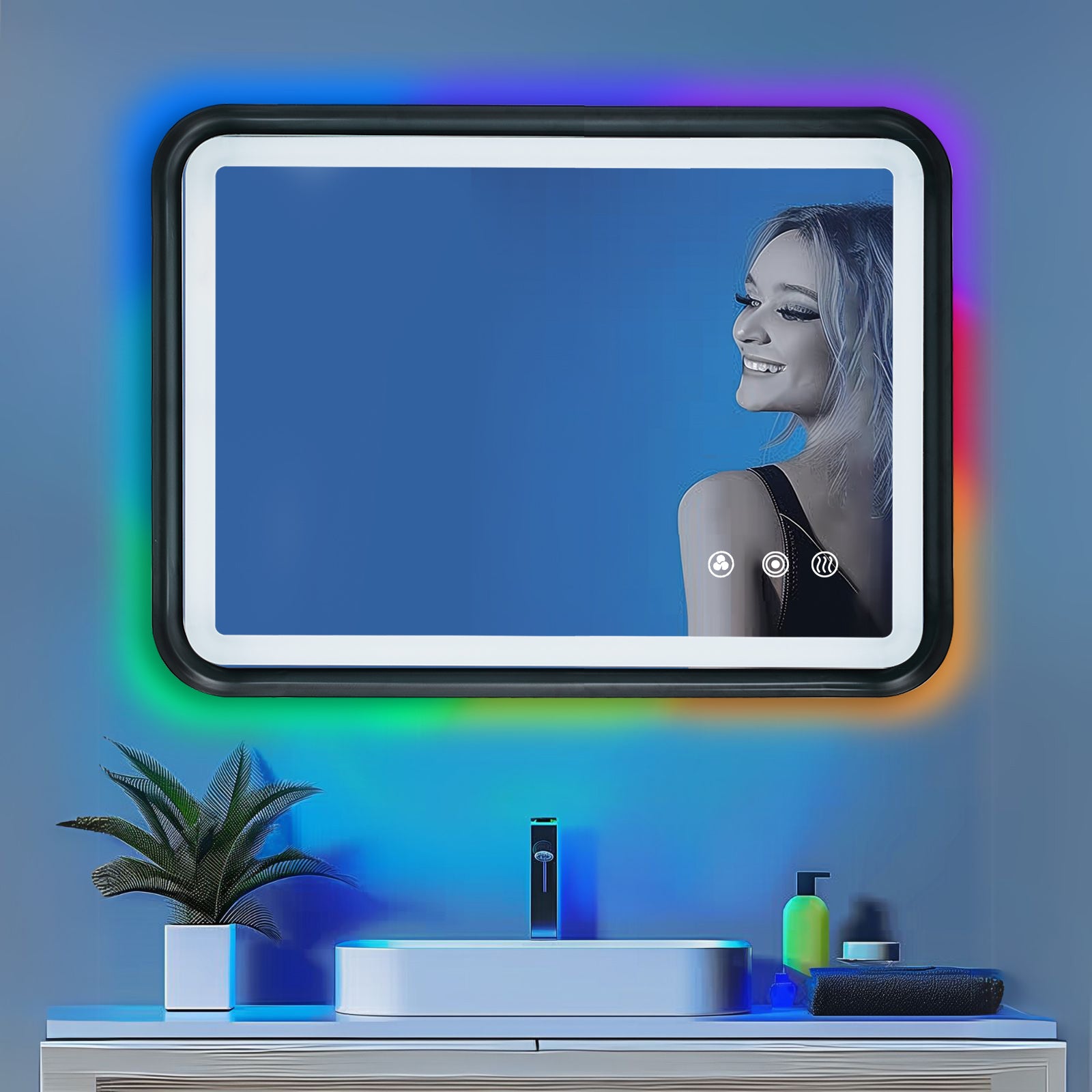 Black Belved Framed Bathroom Mirror With Lights, Led Mirror For Dual Front & Back Lights, Defogging & Memory