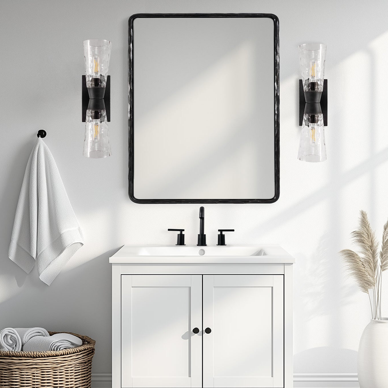 Contemporary Double Sconce Flared Hammer Glass Shade Bathroom Light Fixtures