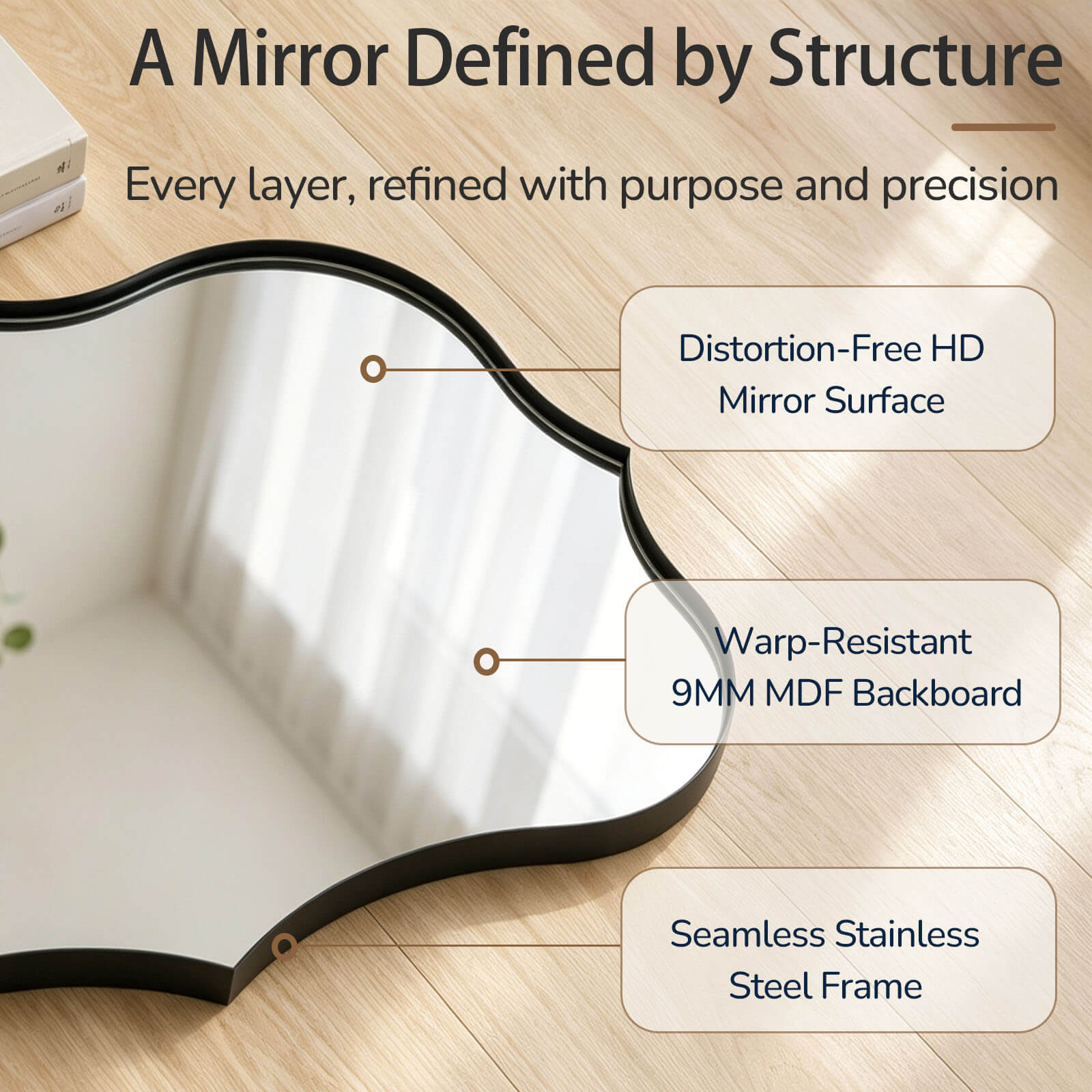 Antique Scalloped Wavy Curved Rectangle Decorative Vanity Mirror | Stainless Steel Frame