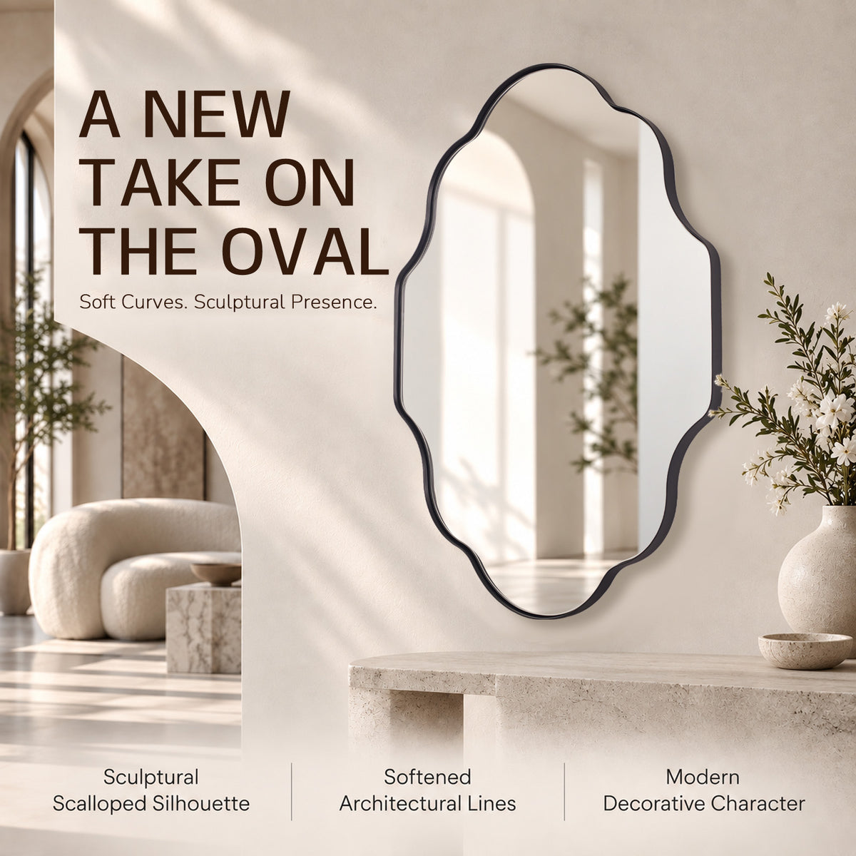 Modern Scalloped Oval Bathroom Vanity Mirror Wavy Wall Mirror | Stainless Steel Frame